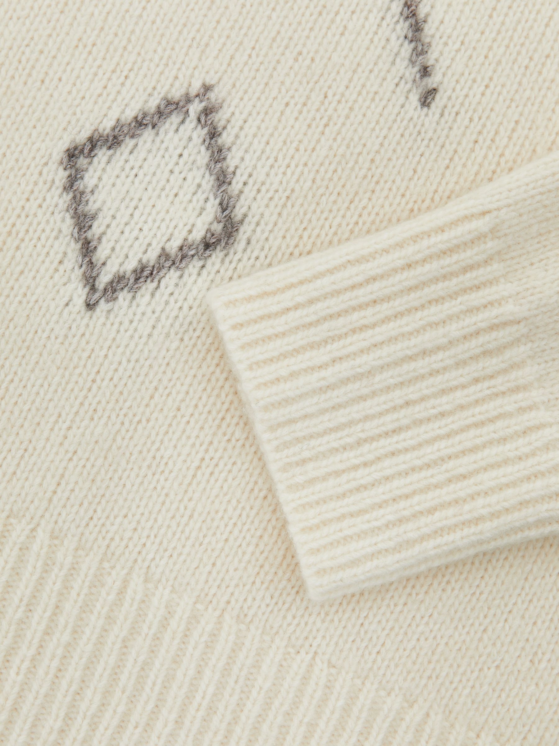 Wool-Blend Roll-Neck Argyle Jumper in Cream/Taupe Brown