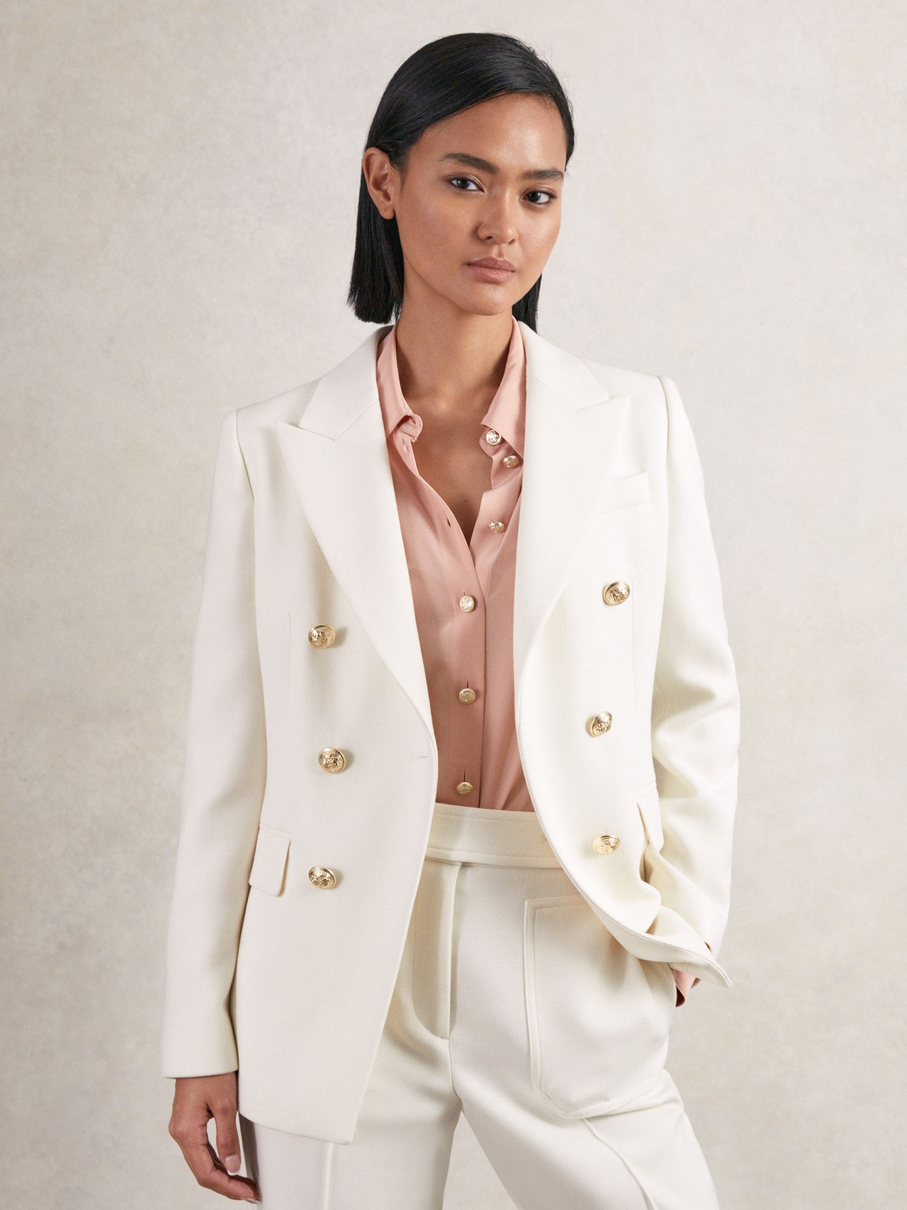 Double-Breasted Twill Suit Blazer With Wool in White