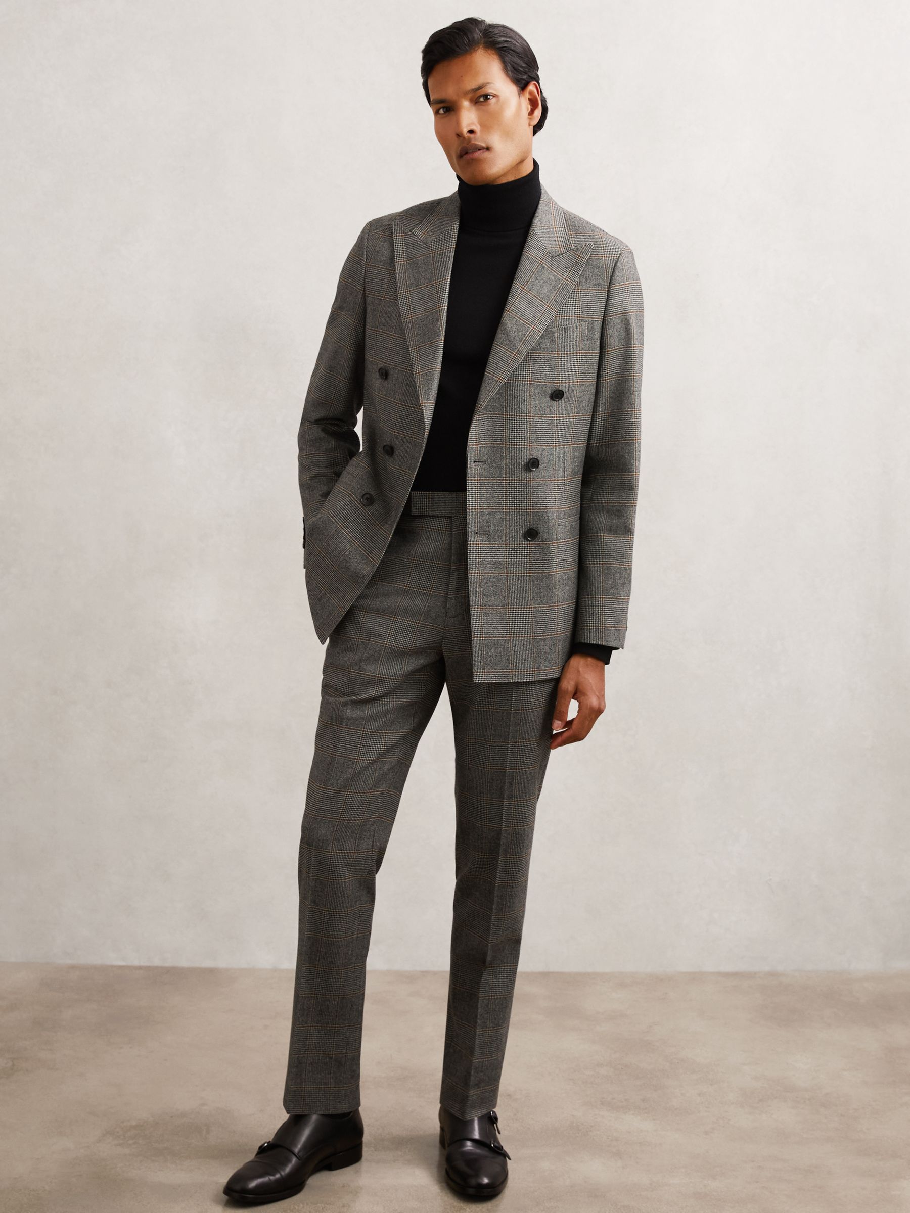 Wool Double-Breasted Check Suit Blazer Tailored-Fit in Charcoal Grey