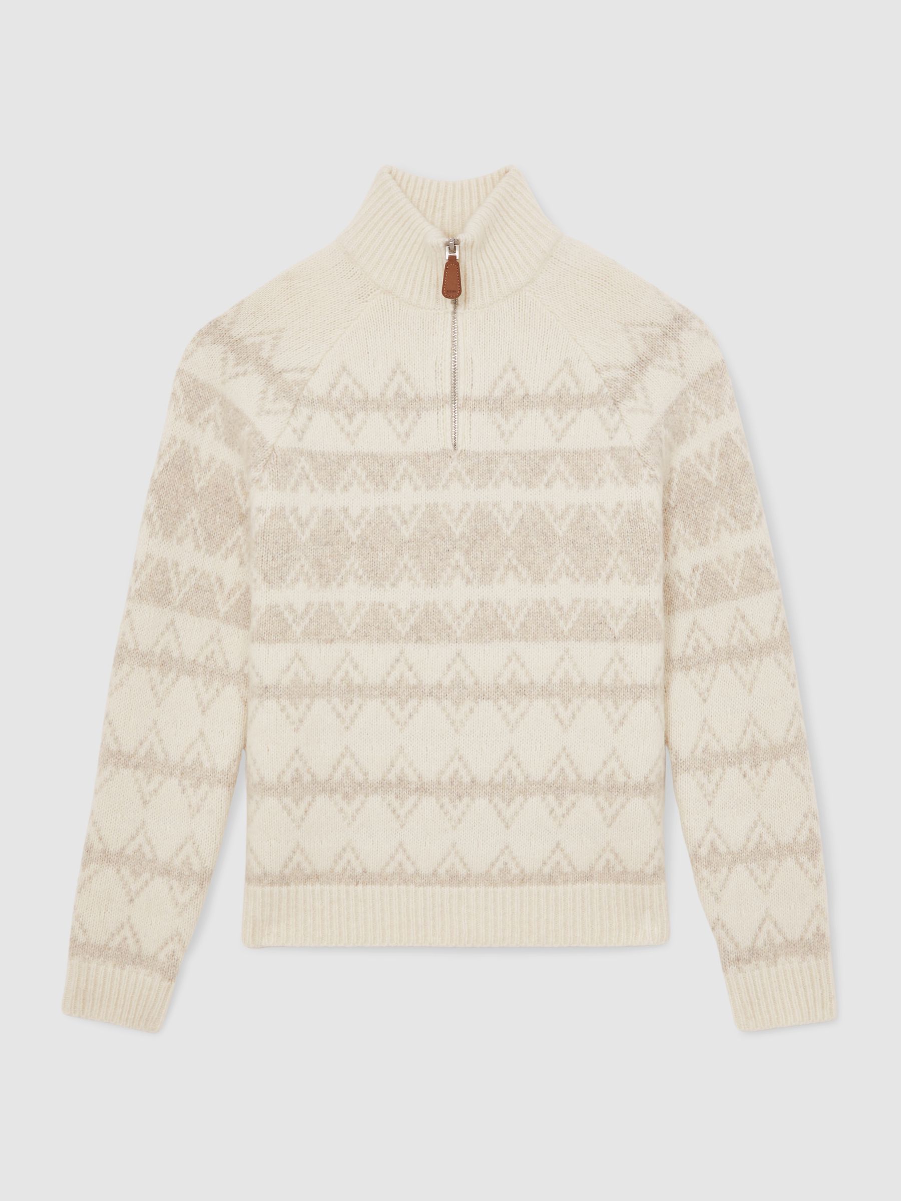 Wool-Blend Fair Isle Half-Zip Jumper in Winter White/Oatmeal