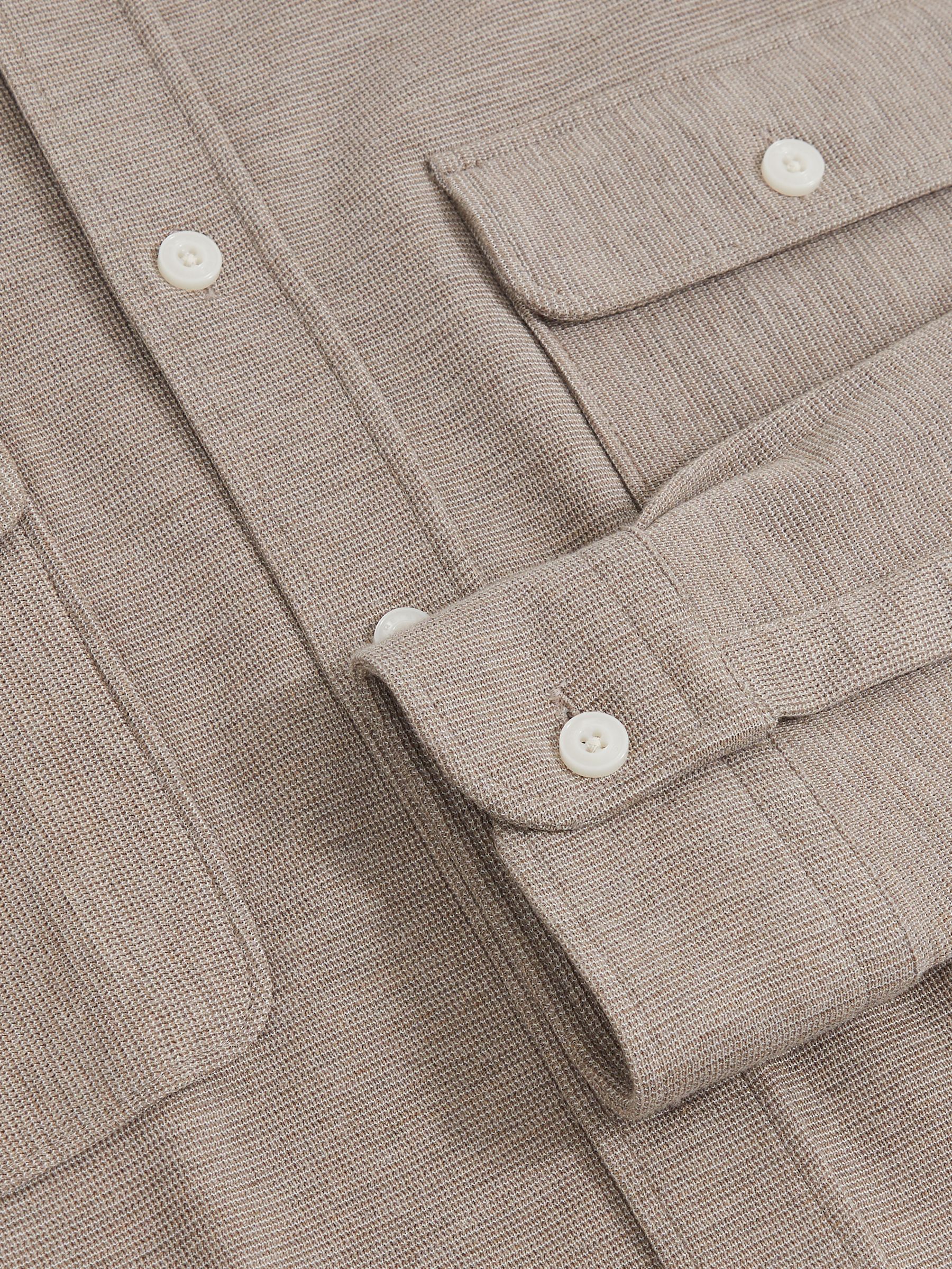 Textured Twin Pocket Cotton Blend Overshirt in Oatmeal Brown Melange