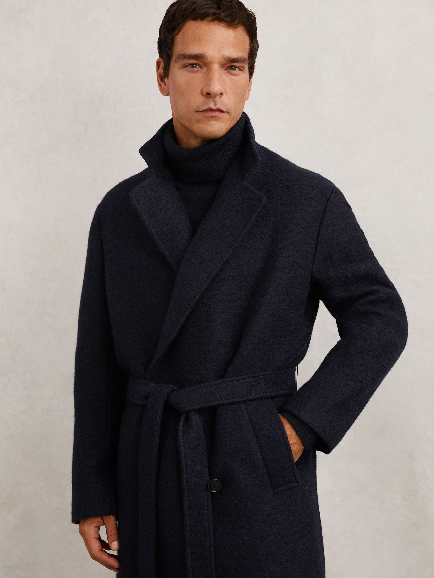 Bouclé Double-Breasted Overcoat Wool-Blend in Navy