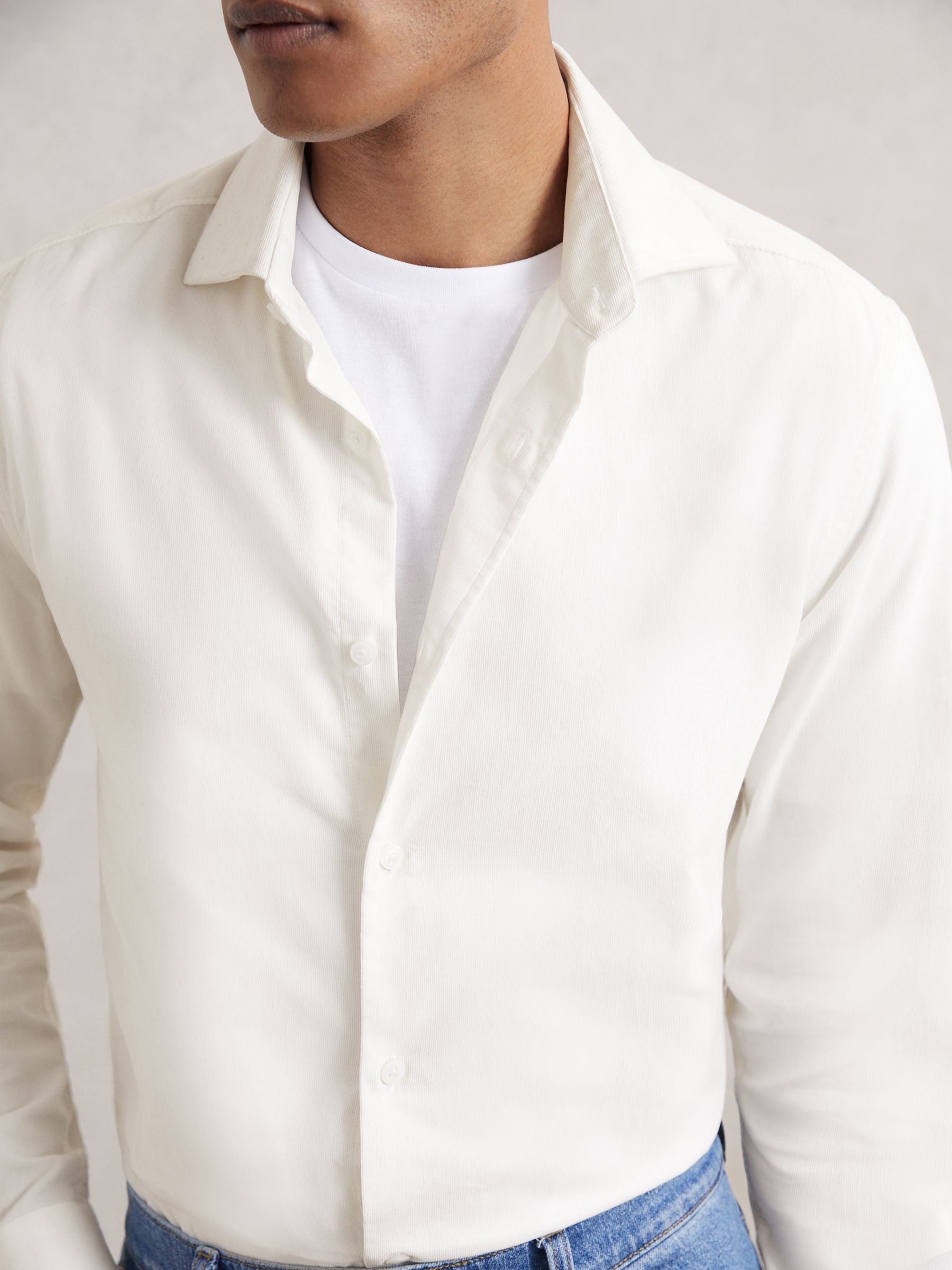 Cotton Corduroy Cutaway-Collar Shirt in White