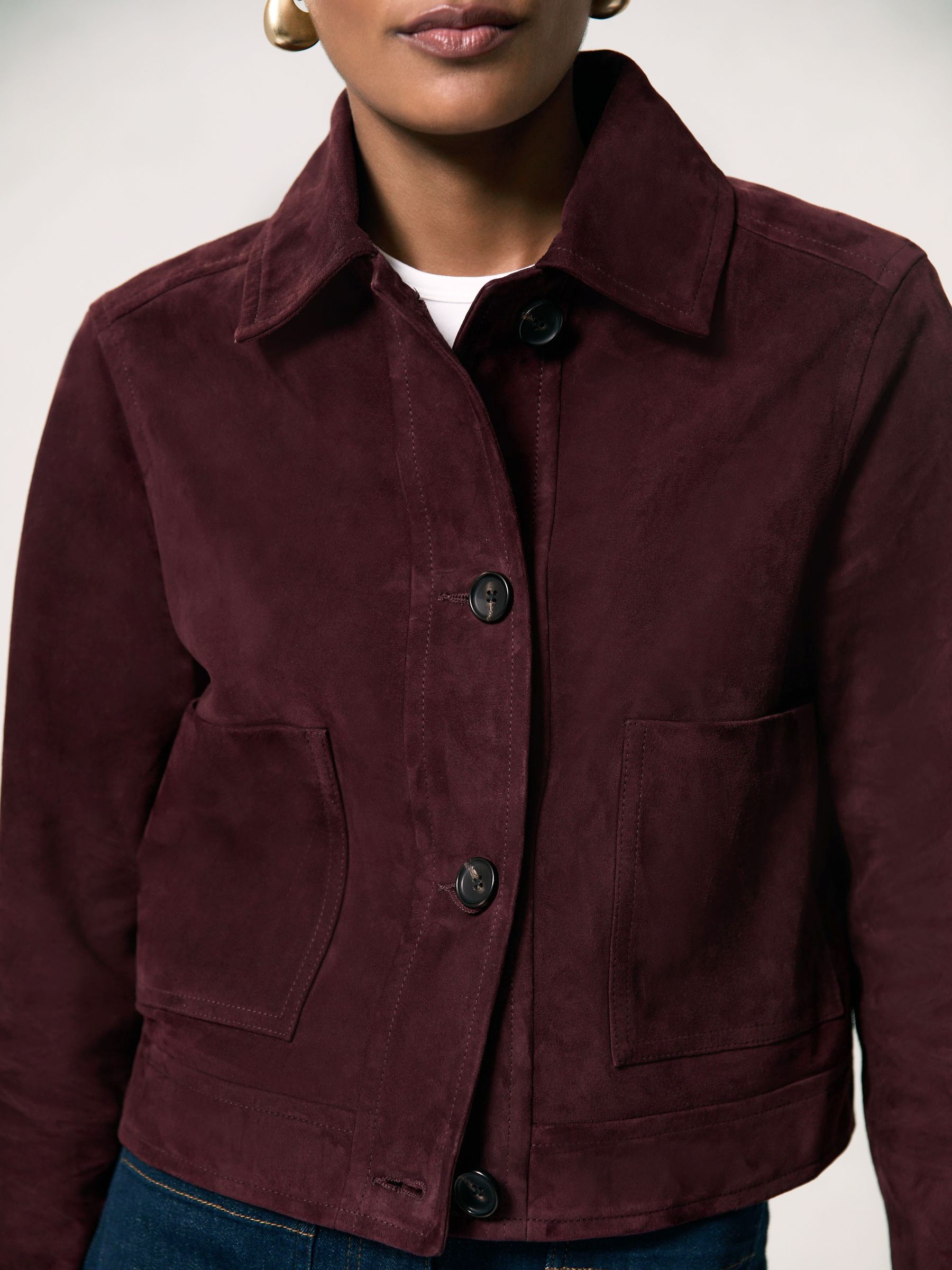 Suede Button-Through Jacket in Burgundy
