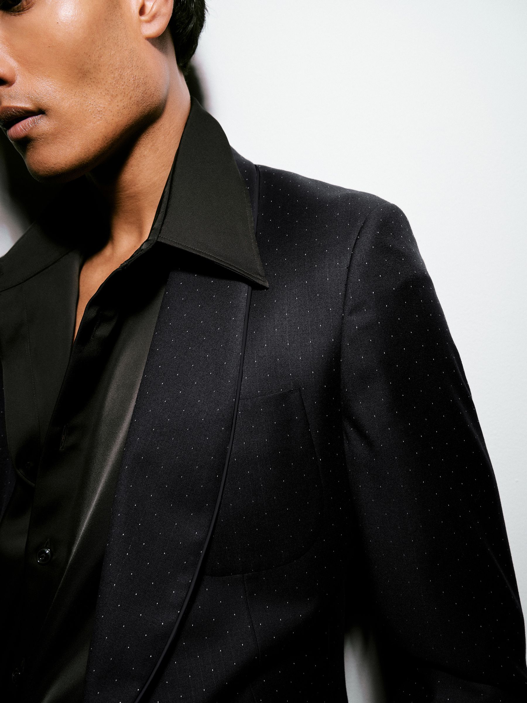 Single-Breasted Polka-Dot Suit Blazer Tailored-Fit Wool-Blend in Midnight Navy