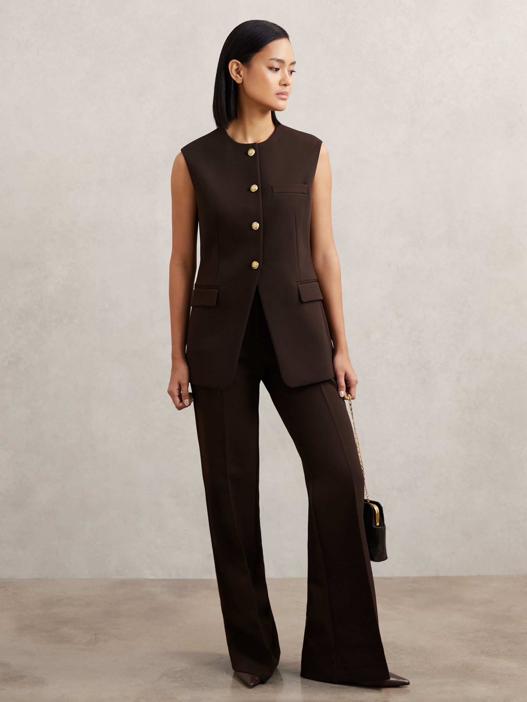 Longline Button-Through Waistcoat in Chocolate Brown