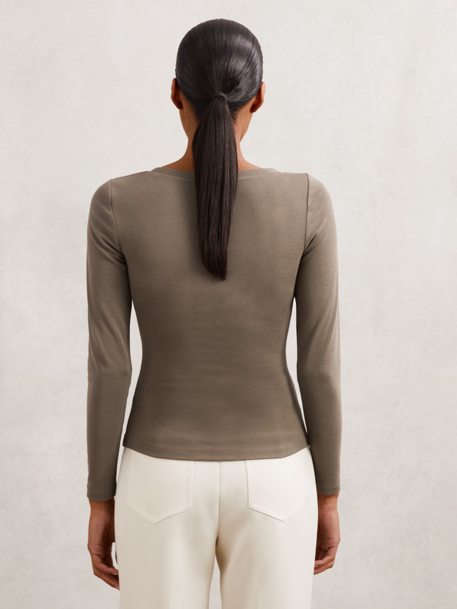 Stretch-Cotton Asymmetric-Neck Top in Taupe Neutral