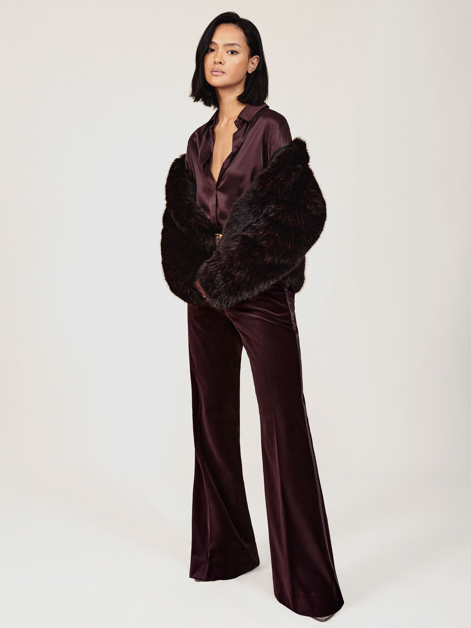 Petite Velvet Tuxedo-Stripe Flared Trousers in Burgundy