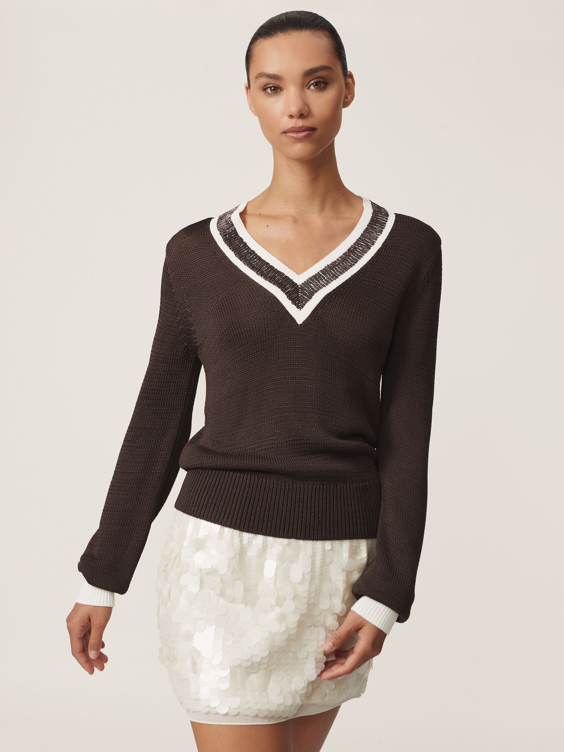 Bead-Detail V-Neck Knitted Jumper in Chocolate Brown