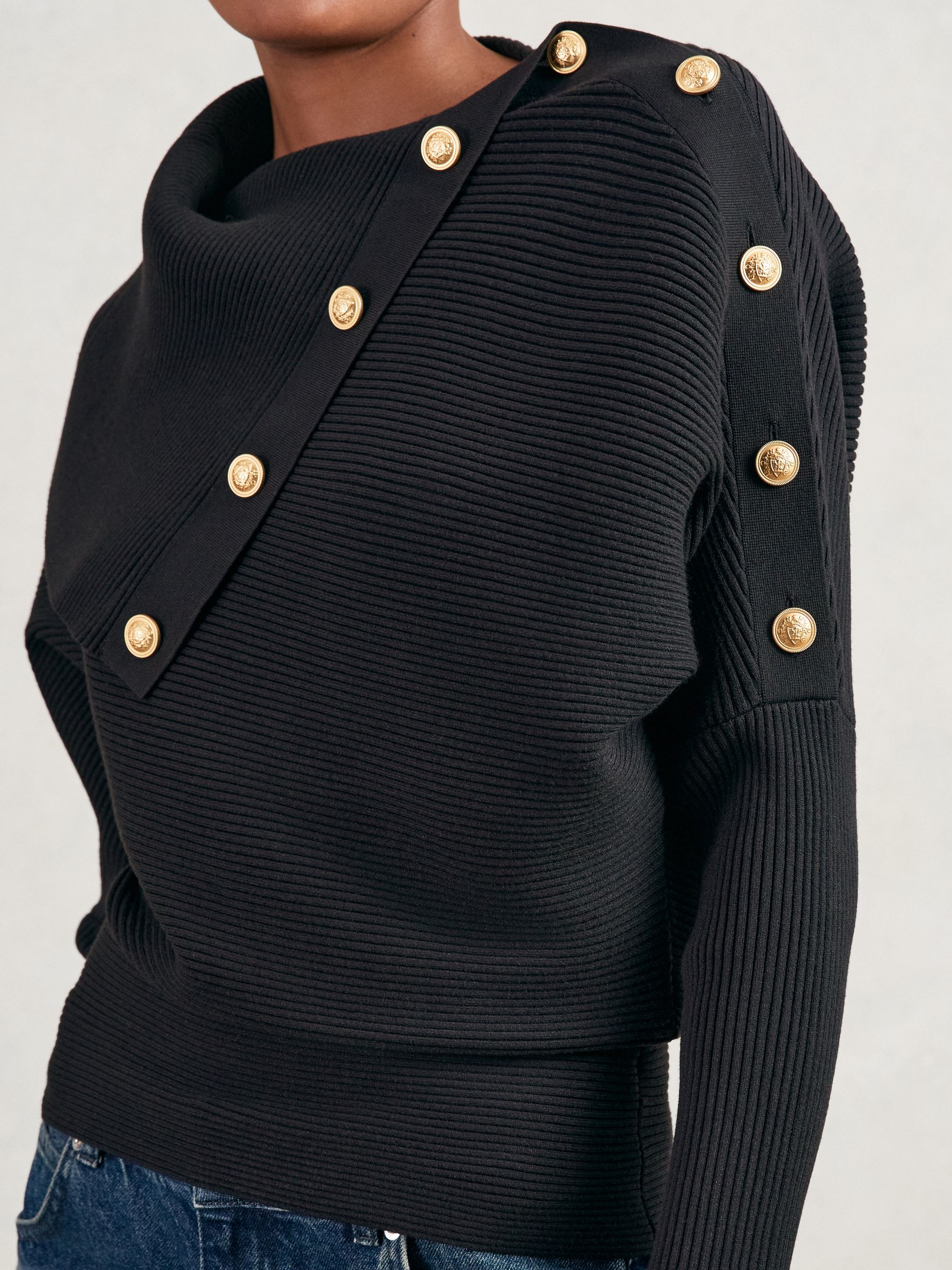 Rib-Knit Button Shawl Jumper in Navy