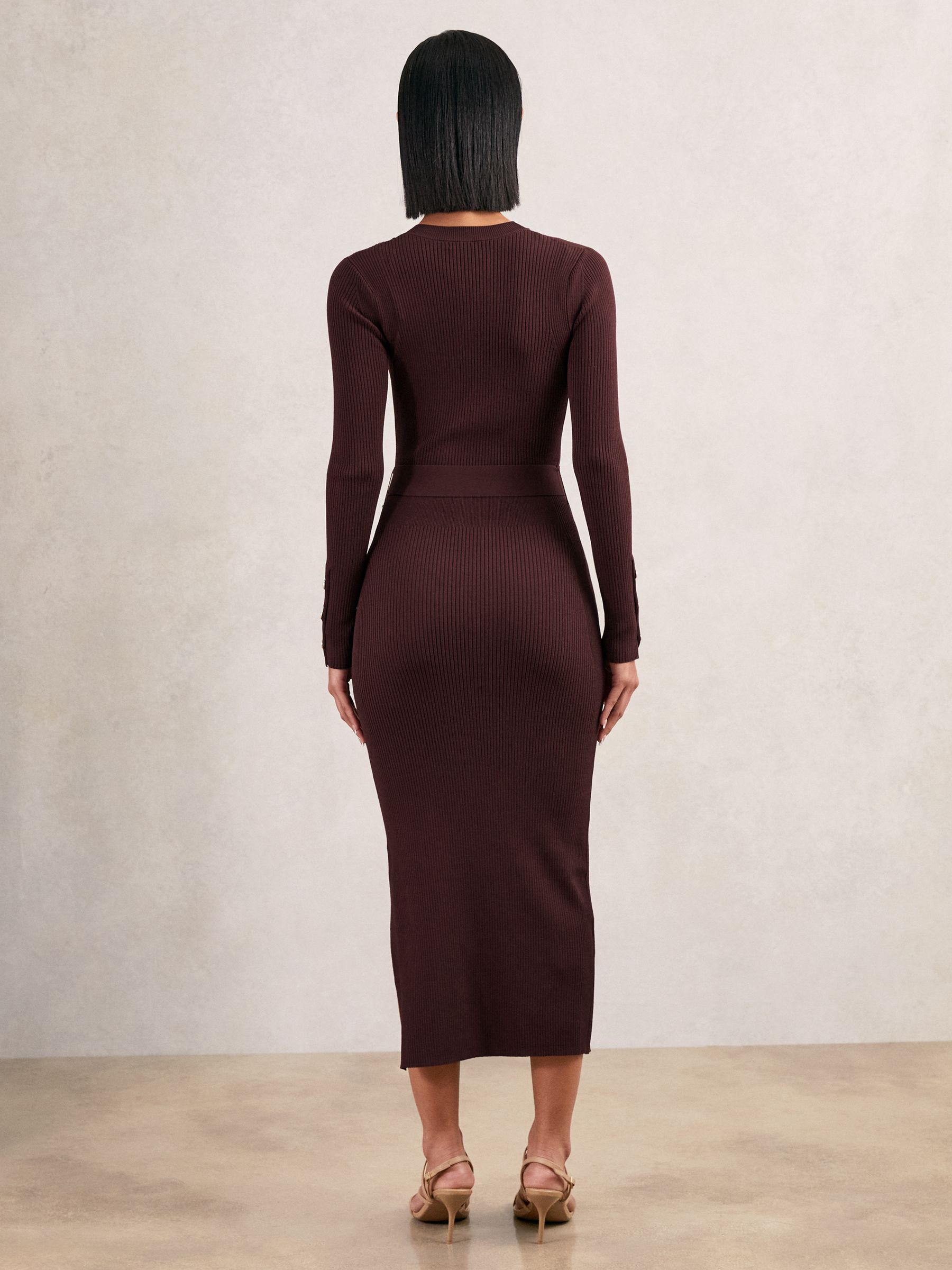 Buttoned Rib-Knit Midi Dress in Burgundy