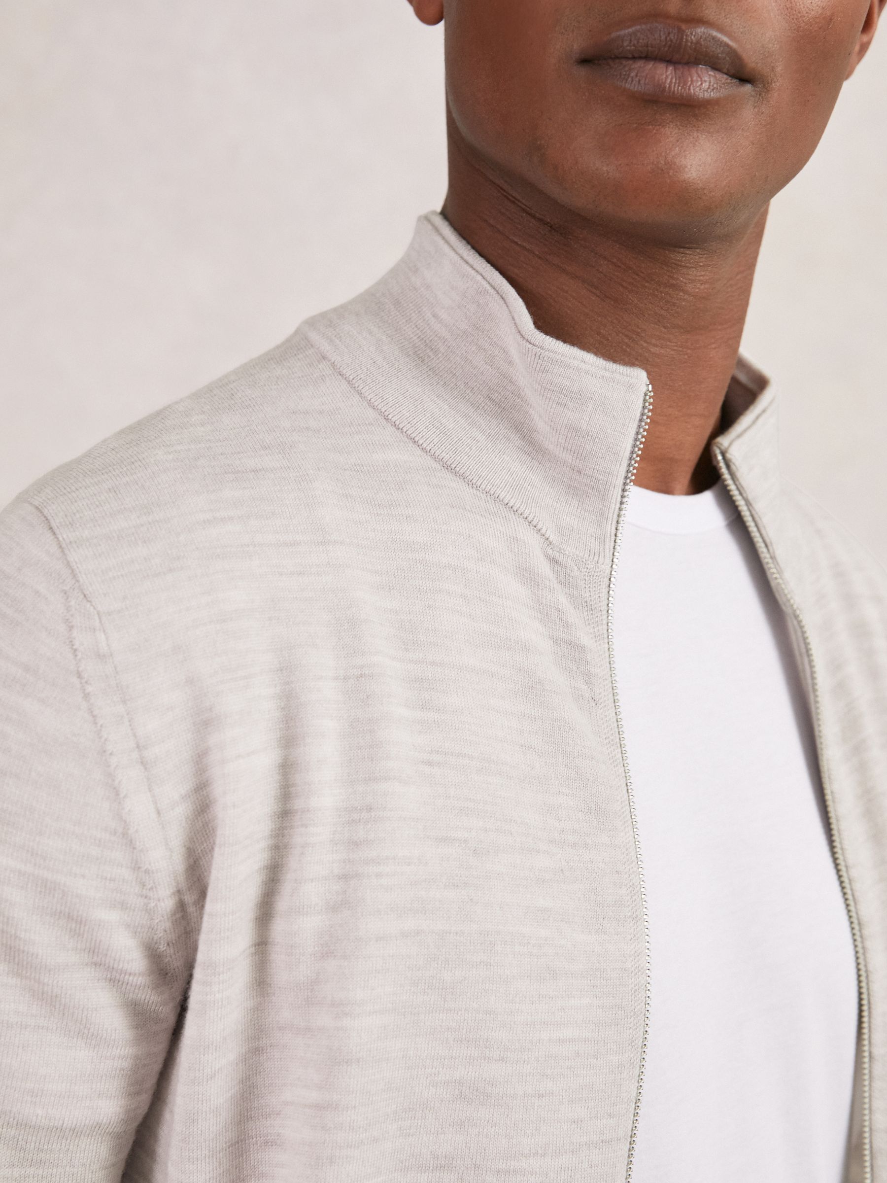 Merino Wool Zip Through Cardigan in Wicker Brown Melange