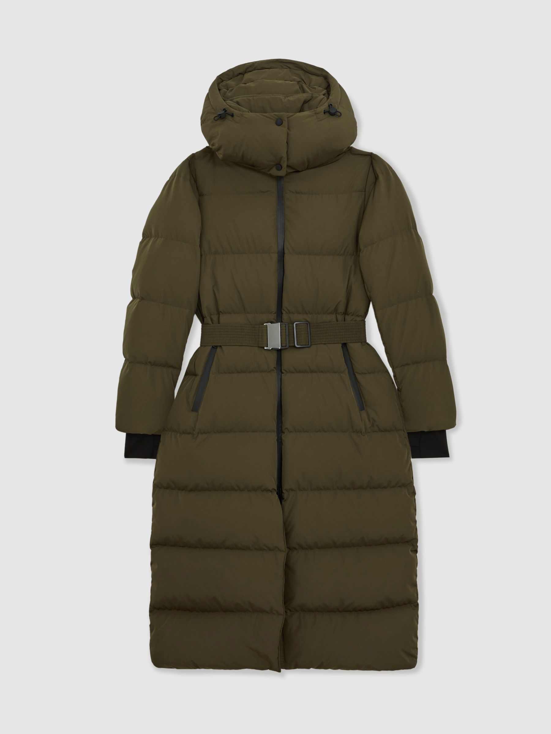 Belted Longline Hooded Puffer Coat in Khaki