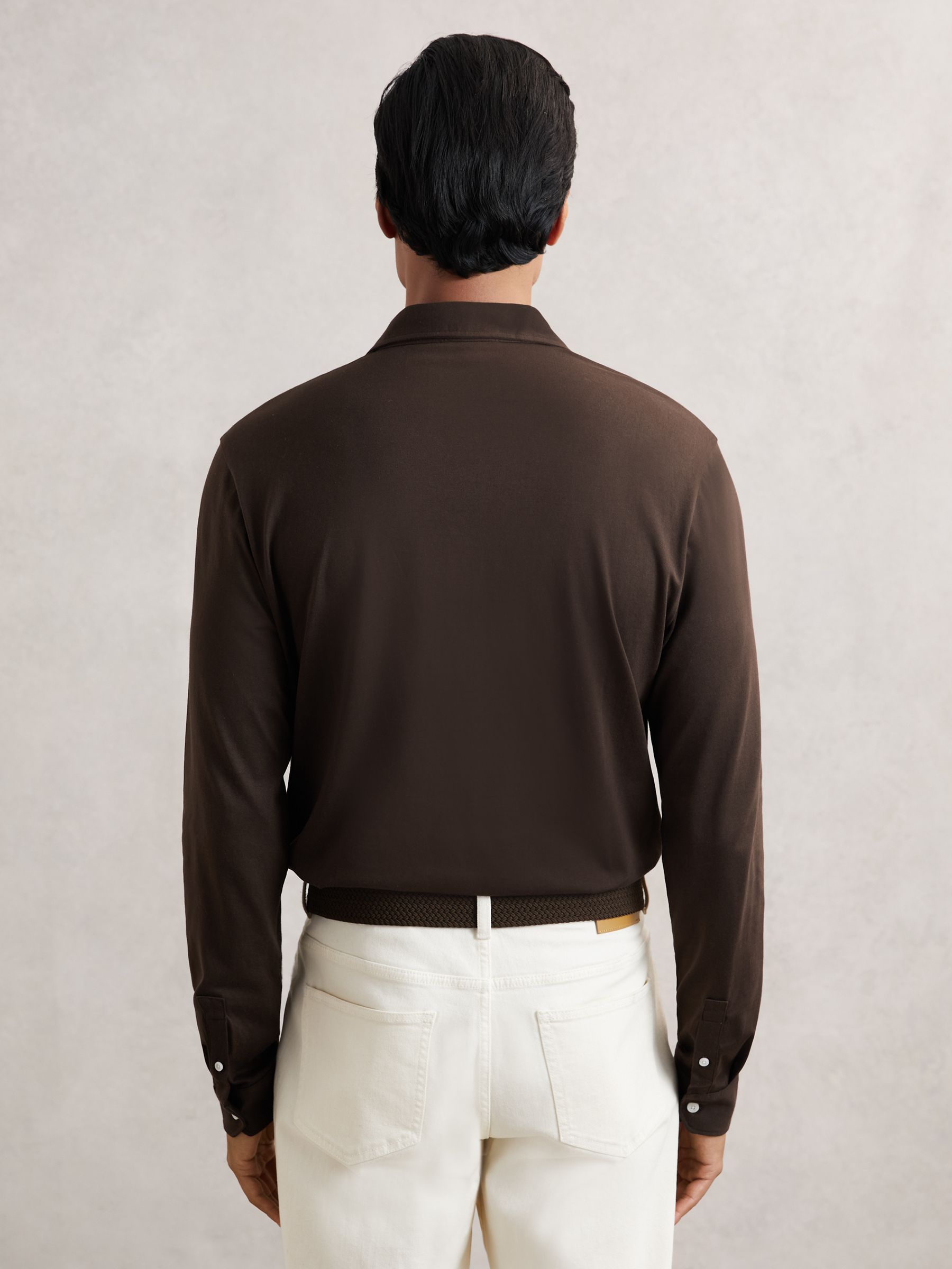 Cotton-Jersey Long Sleeve Polo Shirt in Brown