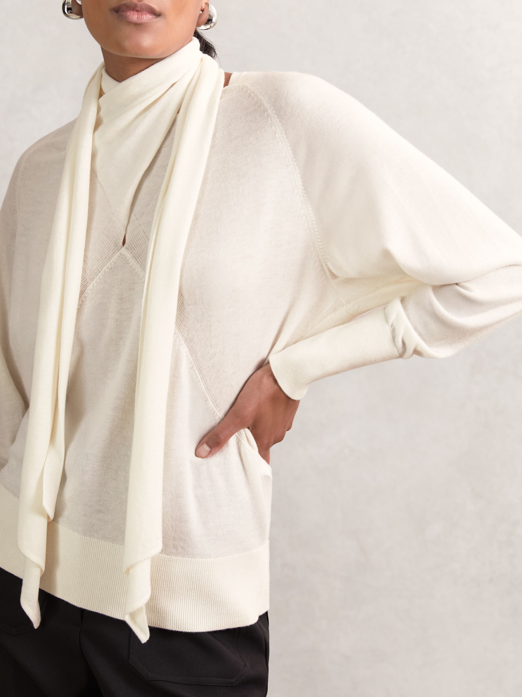 Wool Scarf-Tie Draped Jumper in Cream