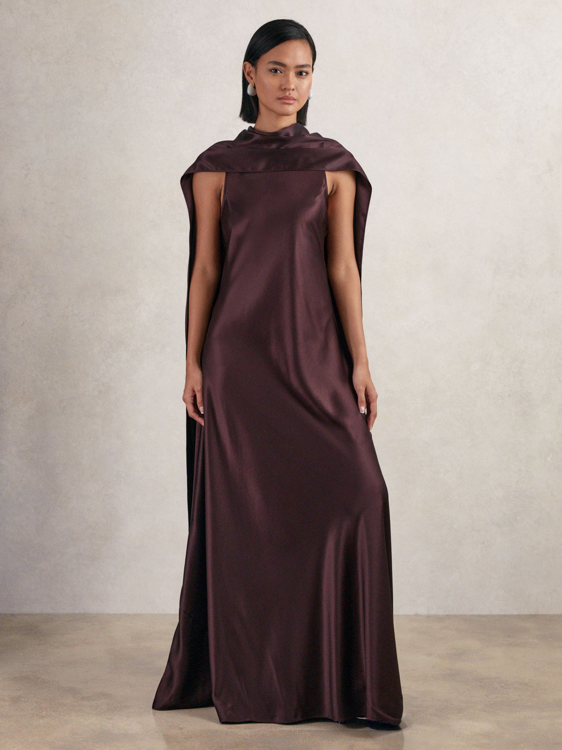 Satin Cape Maxi Dress in Burgundy