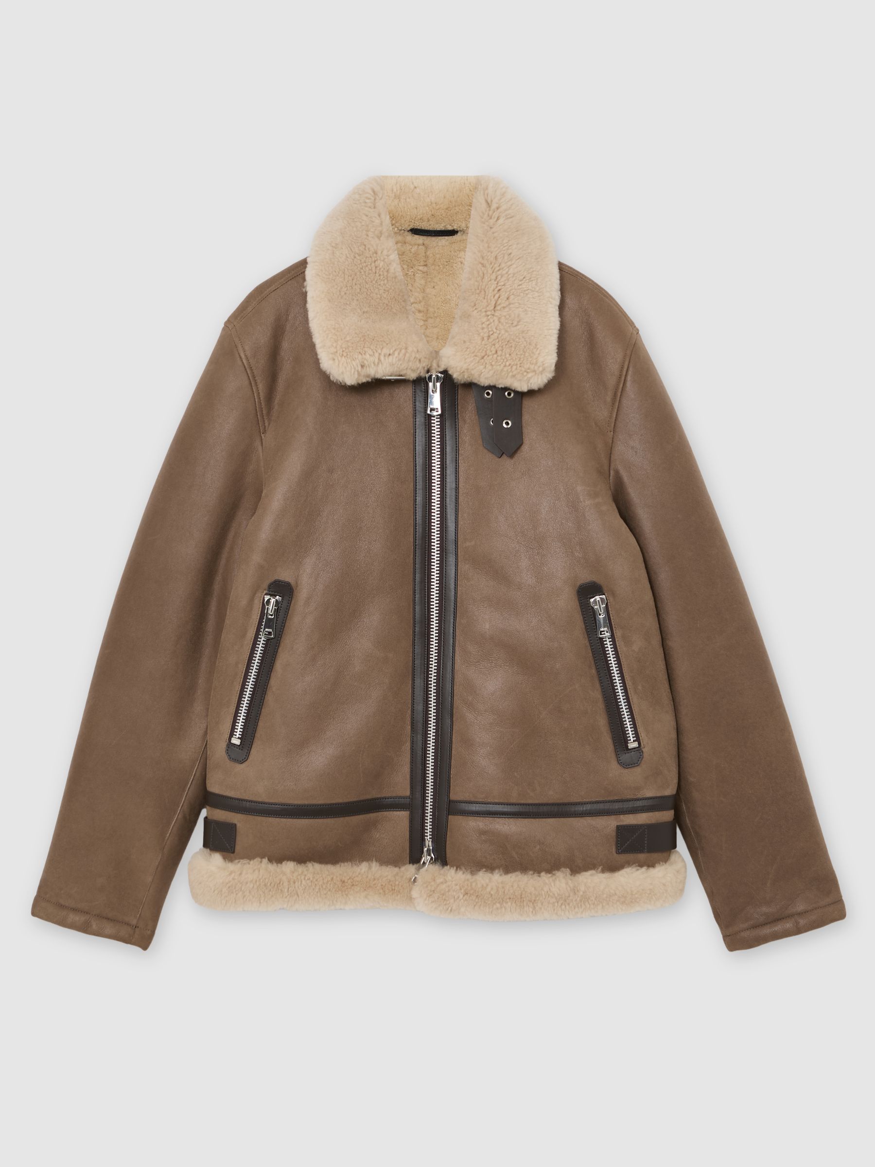 Shearling-Collar Leather Jacket in Light Brown