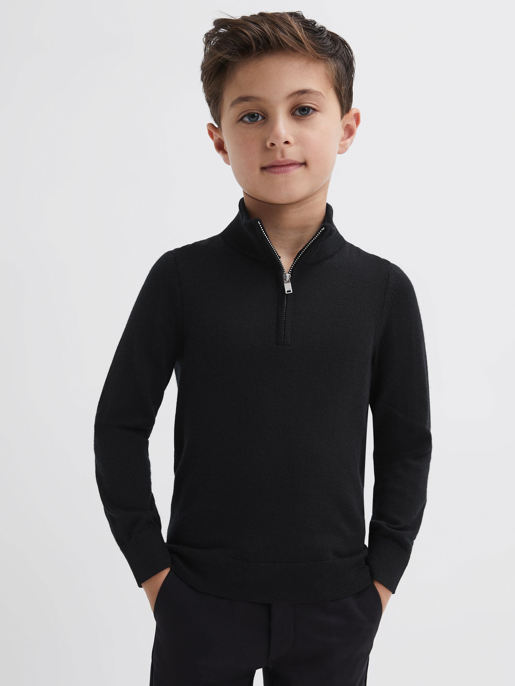 9-14 yrs Merino Wool Zip-Neck Jumper in Black