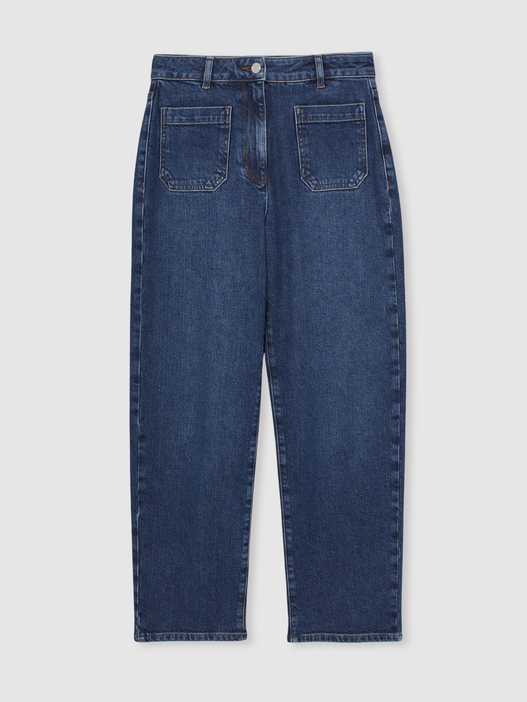 Petite Straight-Leg Patch-Pocket Jeans in Mid Blue