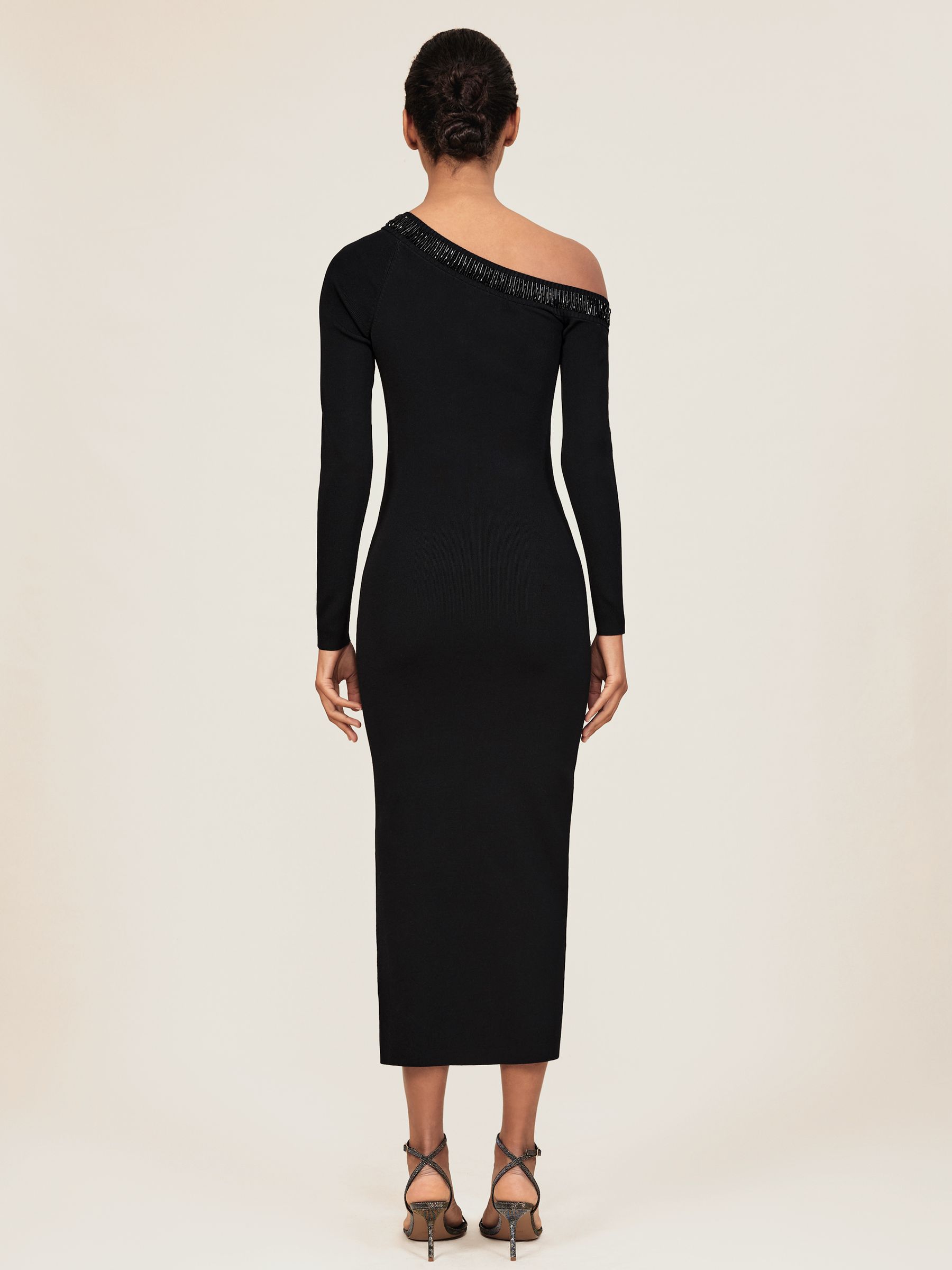 Bead-Detail Off-Shoulder Knit Dress in Black