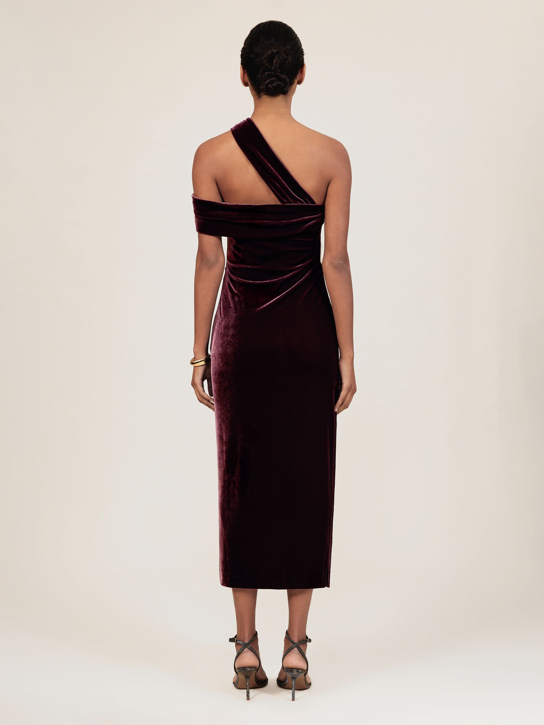 Petite Velvet One-Shoulder Midi Dress in Burgundy
