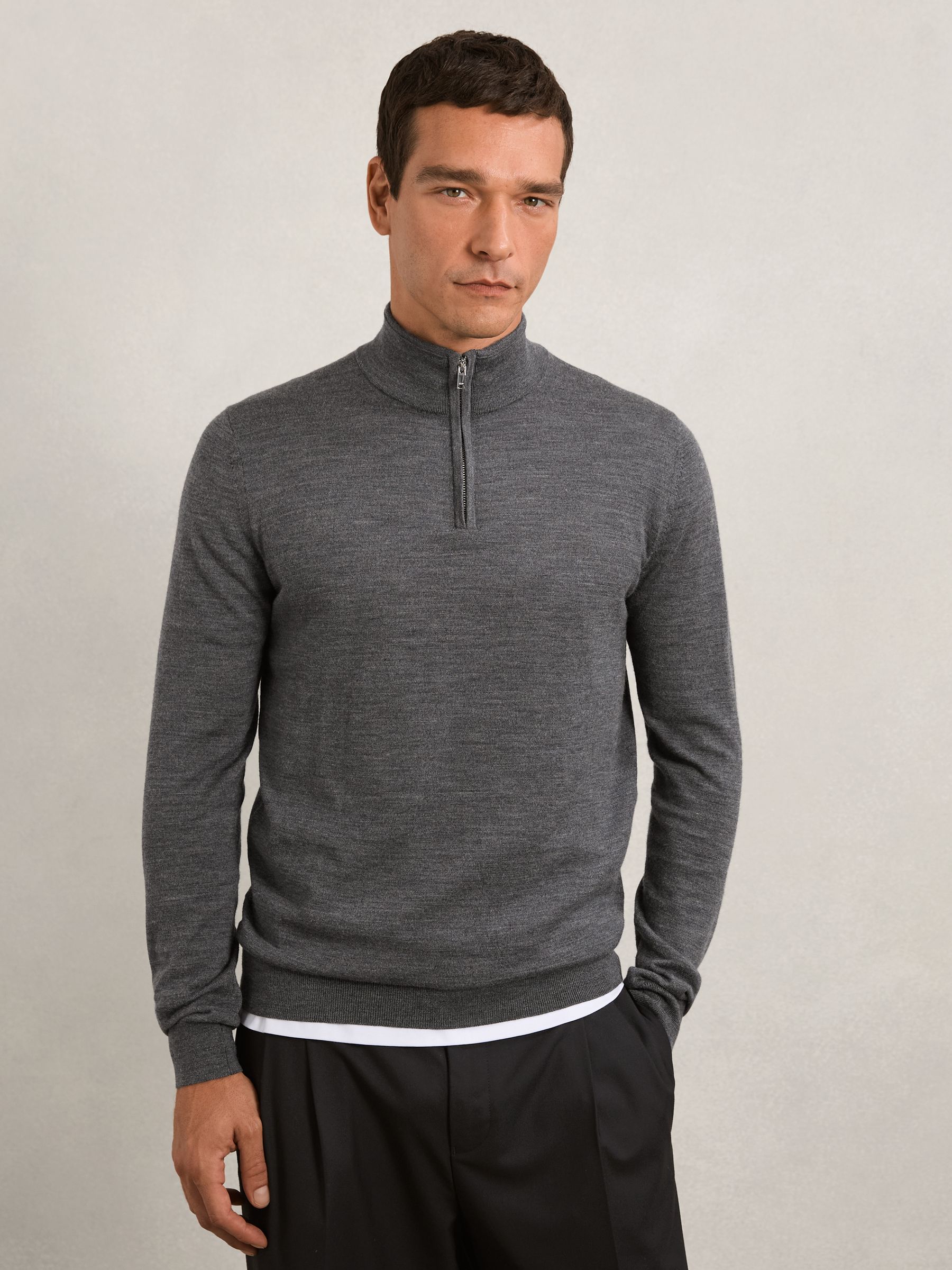 Merino Wool Half-Zip Funnel Neck Jumper in Derby Grey Marl