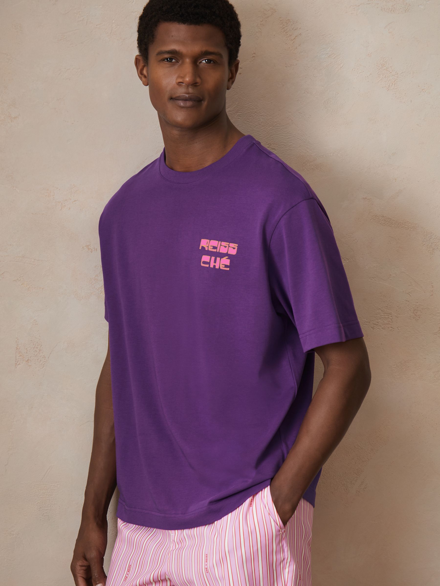 Reiss | Ché Cotton Palm-Print T-Shirt in Purple