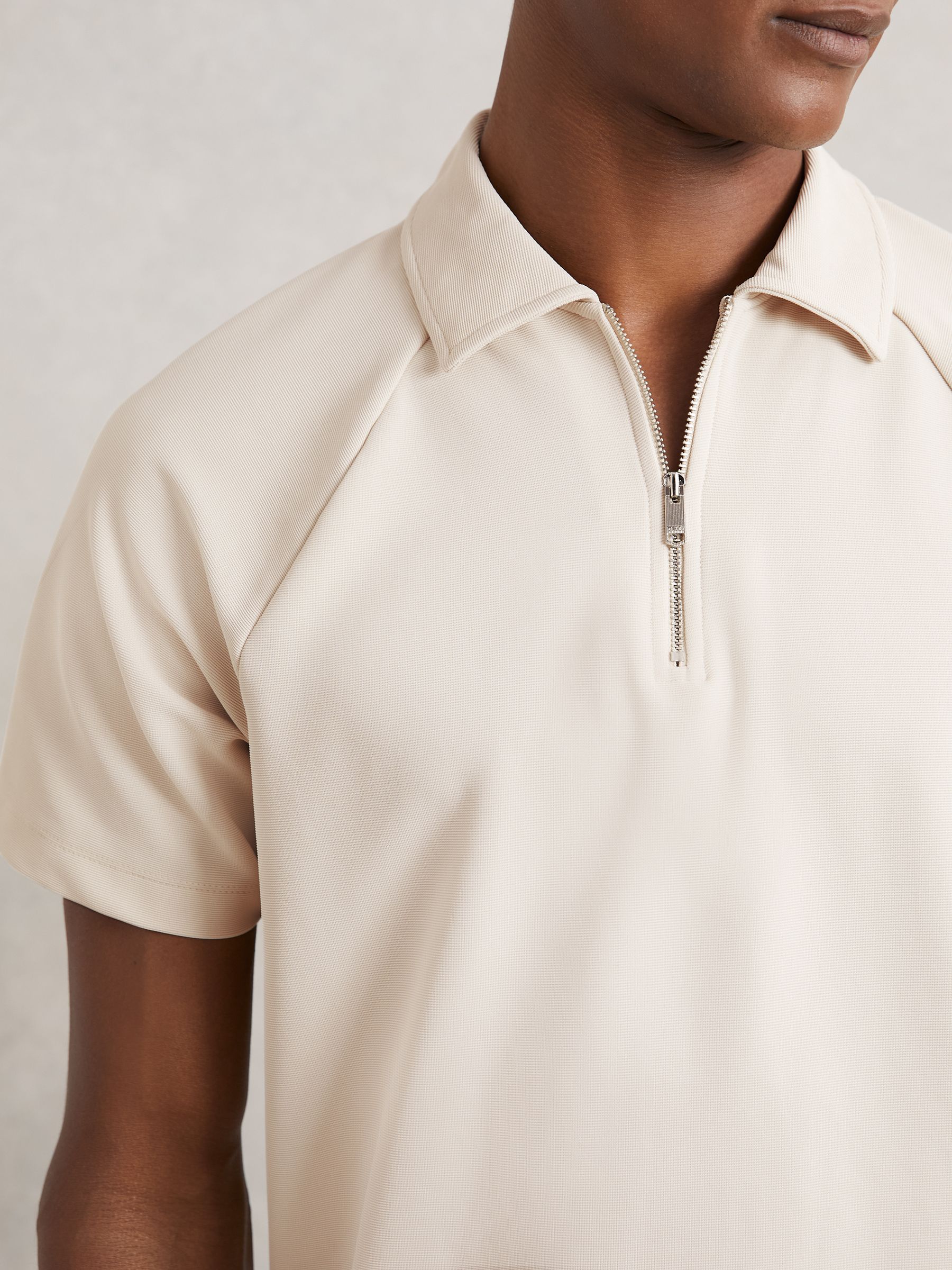 Textured Raglan Half-Zip Polo Shirt in Stone