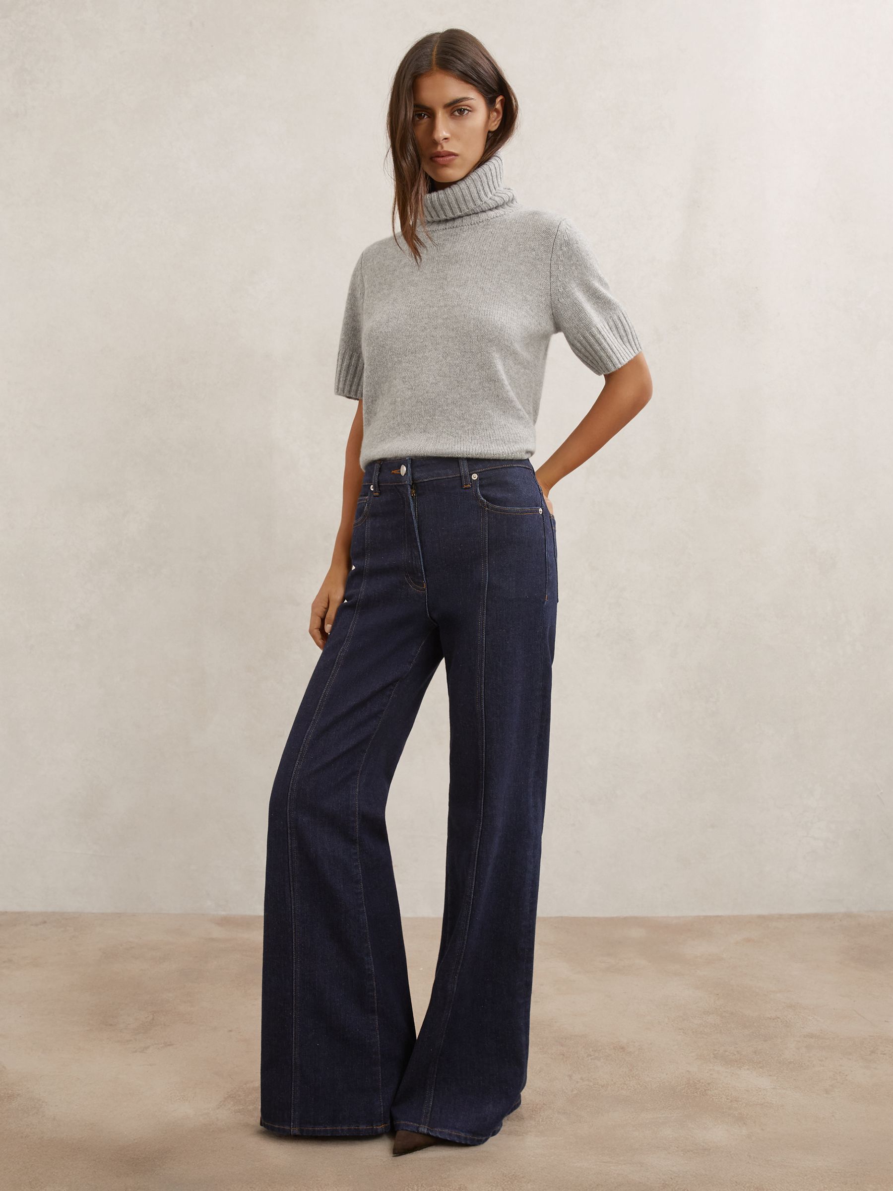 Cashmere Short-Sleeve Roll-Neck Jumper in Grey Marl