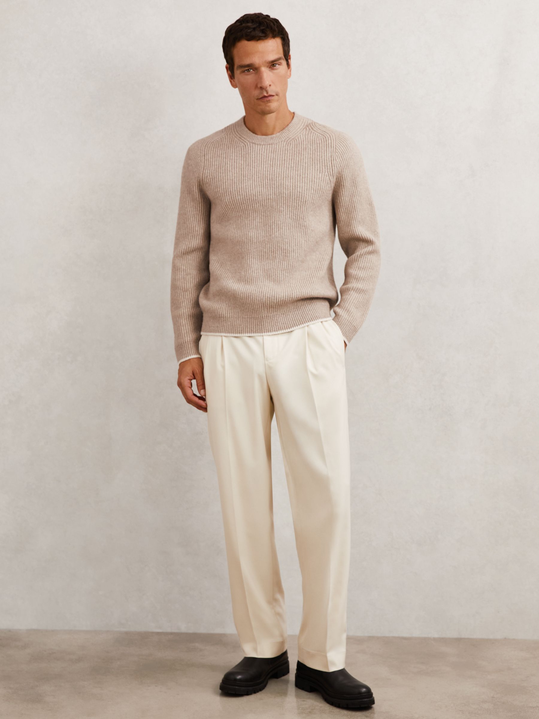 Brushed Rib-Knit Crew-Neck Jumper with Wool in Oatmeal Brown