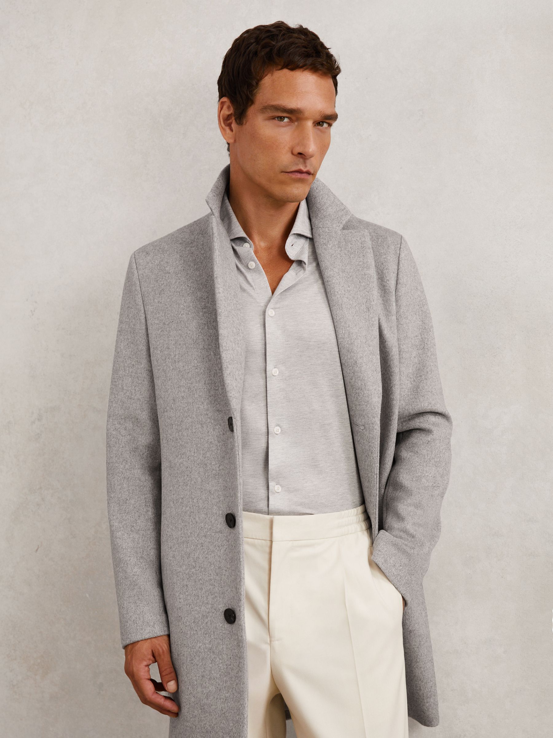 Wool-Blend Internal-Gilet Overcoat in Soft Grey