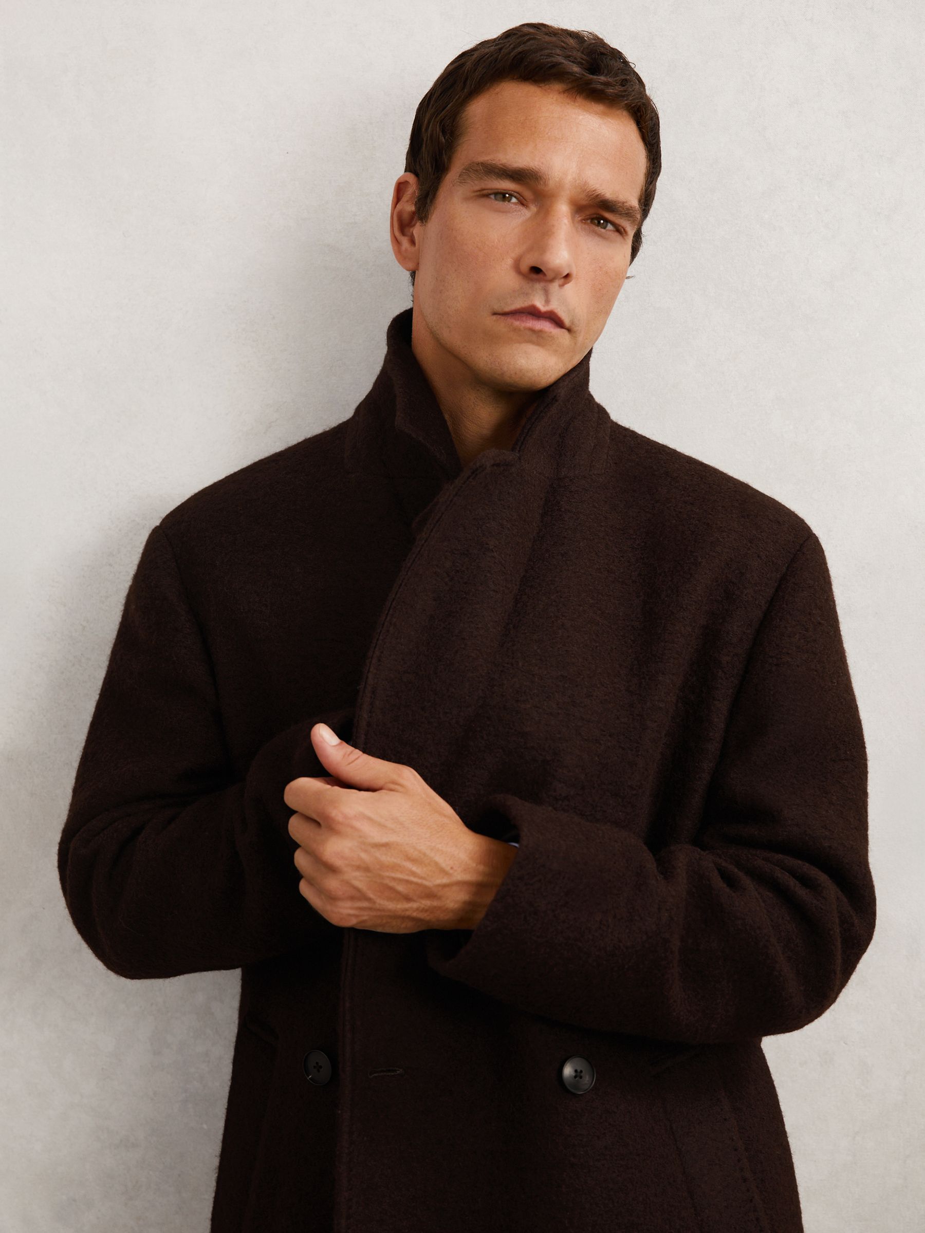 Bouclé Double-Breasted Overcoat Wool-Blend in Chocolate Brown