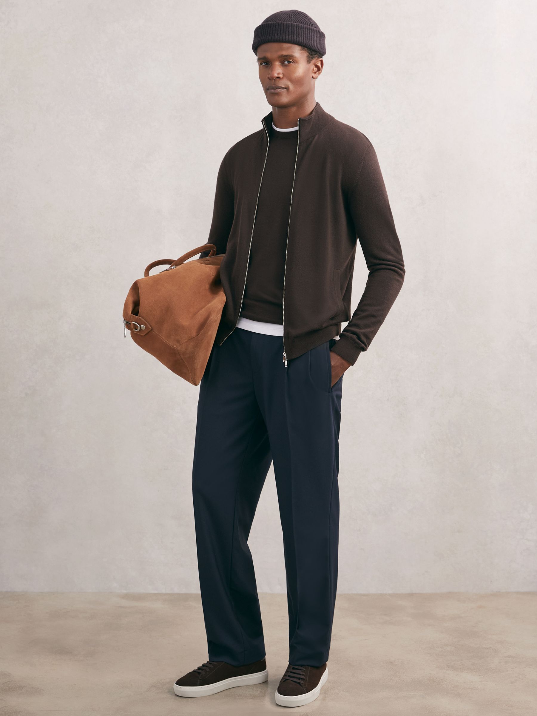 Merino Wool Zip-Through Cardigan in Chocolate Brown