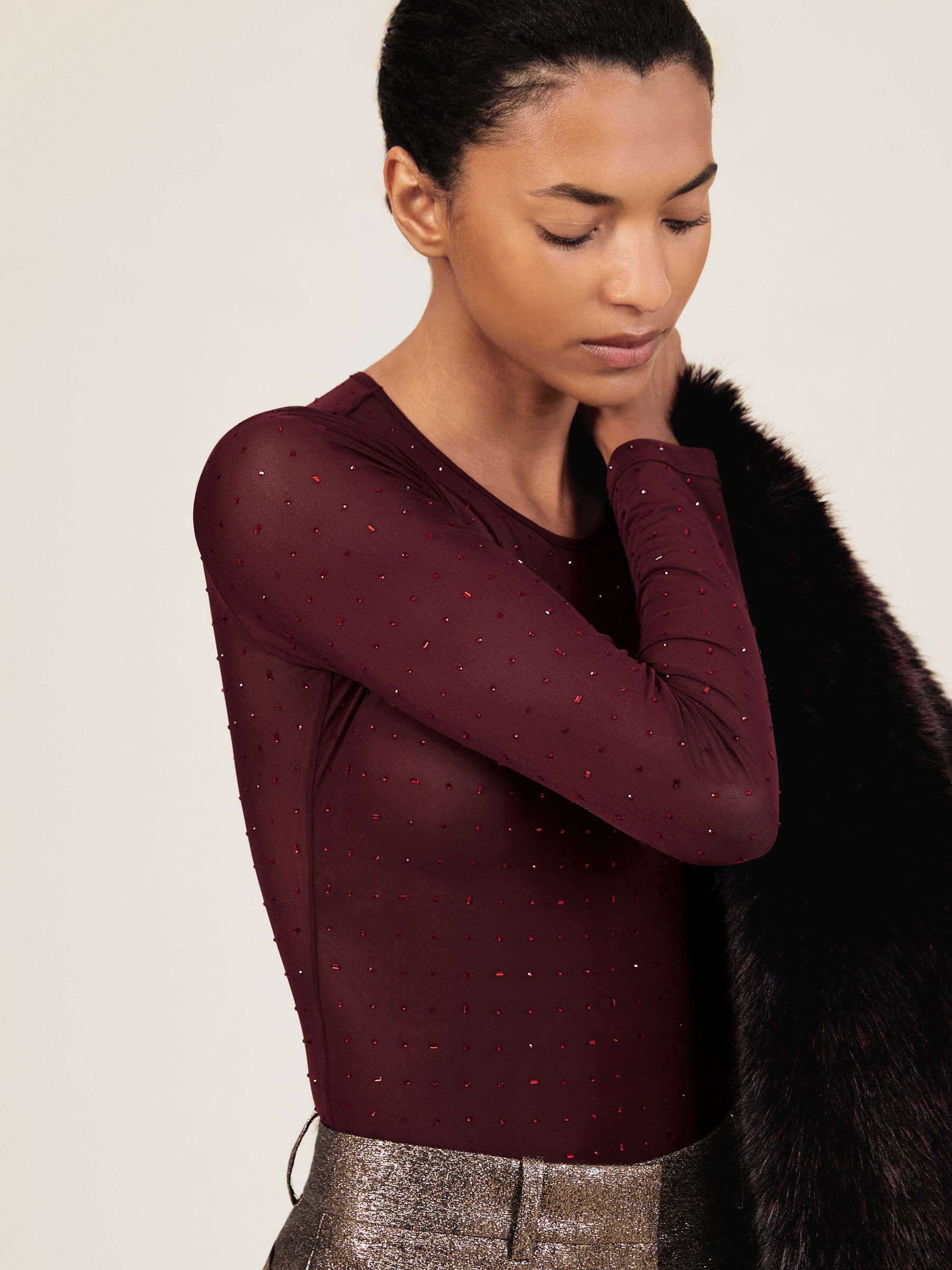 Crystal-Embellished Mesh Bodysuit in Red