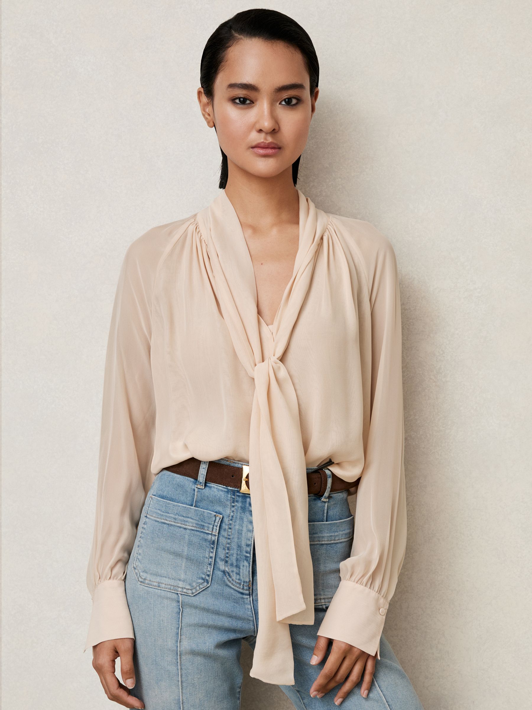 Silk-Blend Chiffon Tie-Neck Blouse in Pale Pink