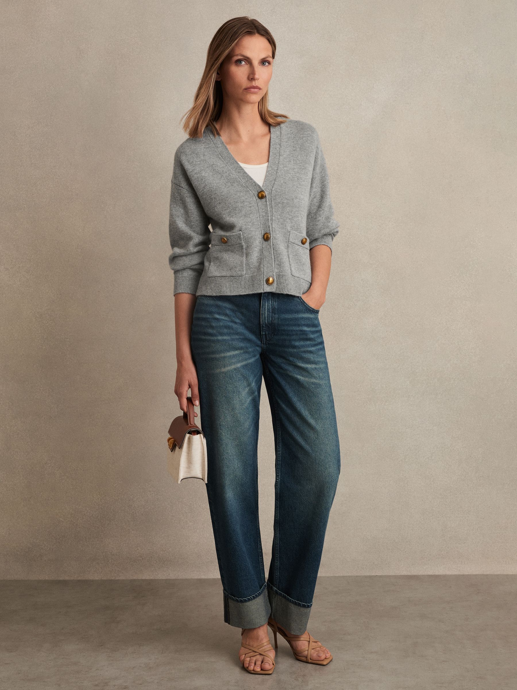 Wool-Cashmere Button Cardigan in Silver Grey