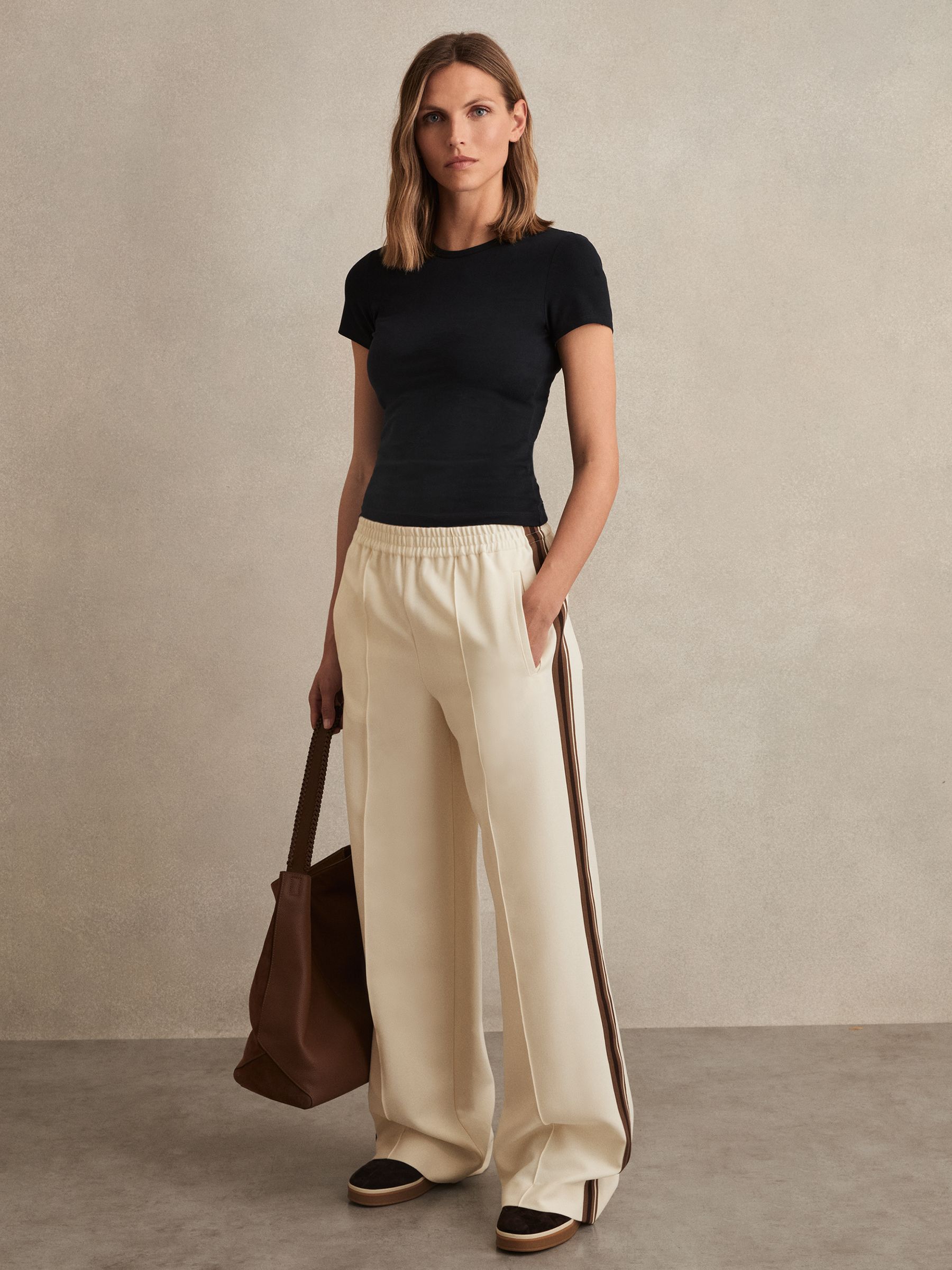 Side-Stripe Wide-Leg Trousers in Cream