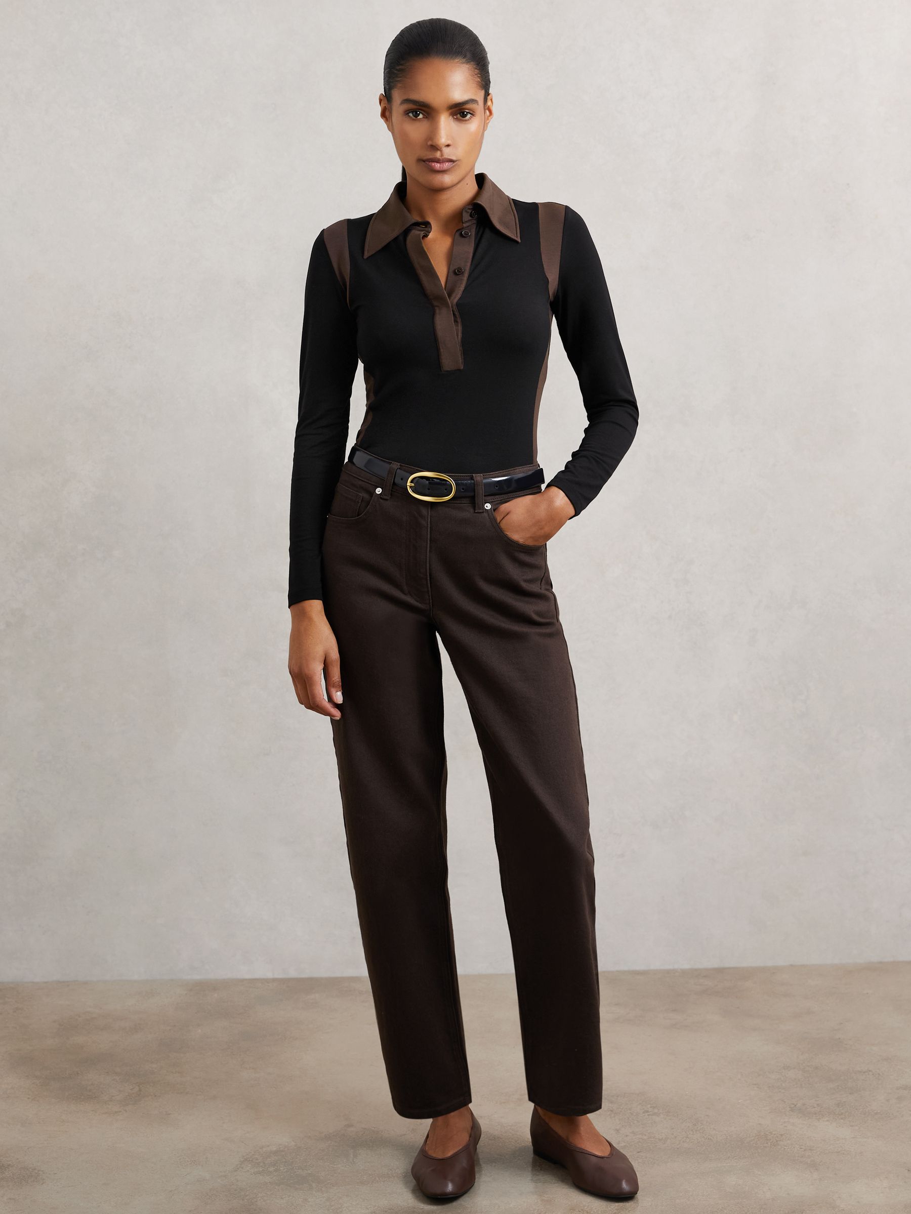 Jersey Colour-Block Collared Shirt in Black/Chocolate Brown