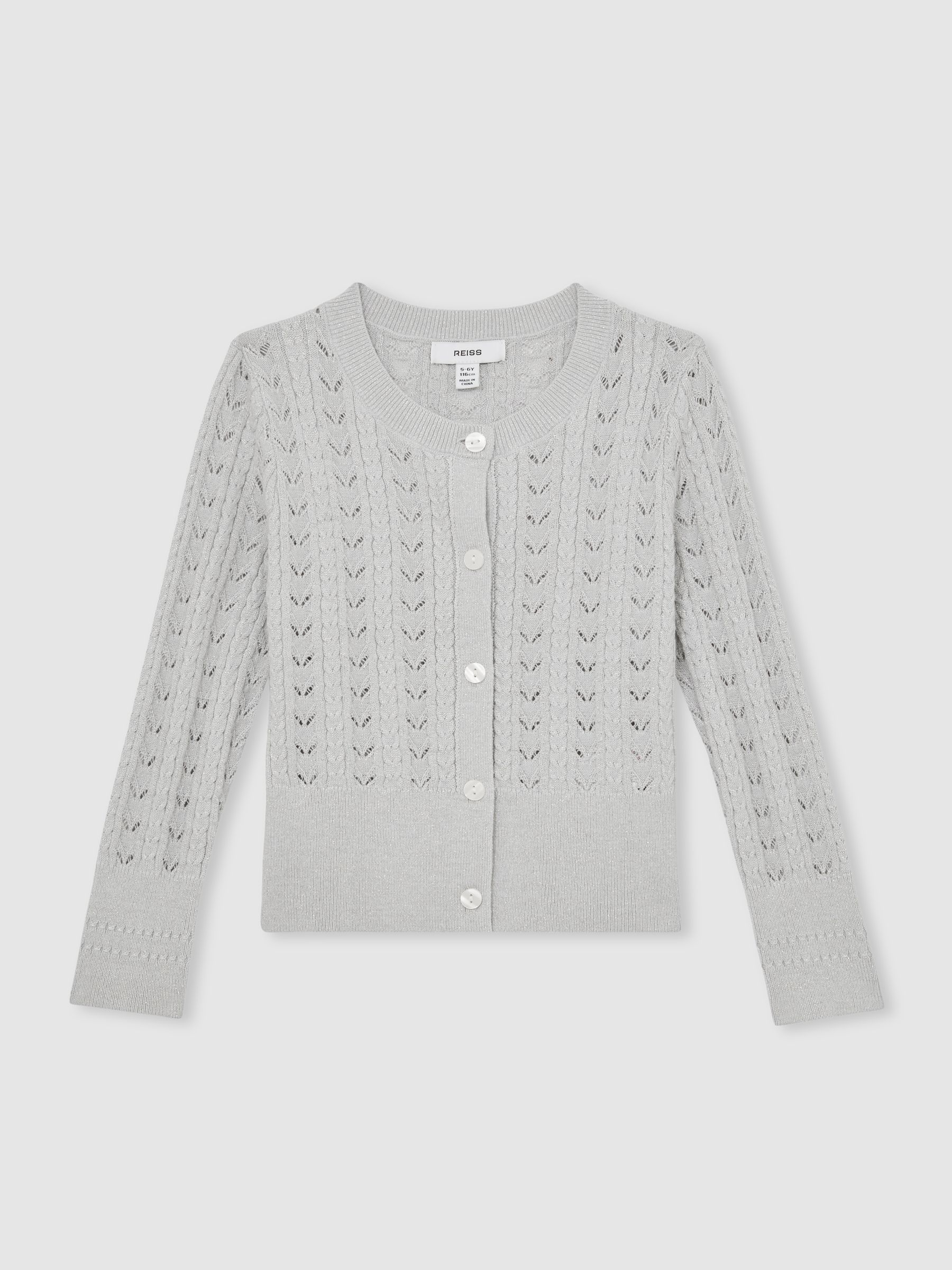 Cotton And Wool Blend Pointelle Cardigan in Grey