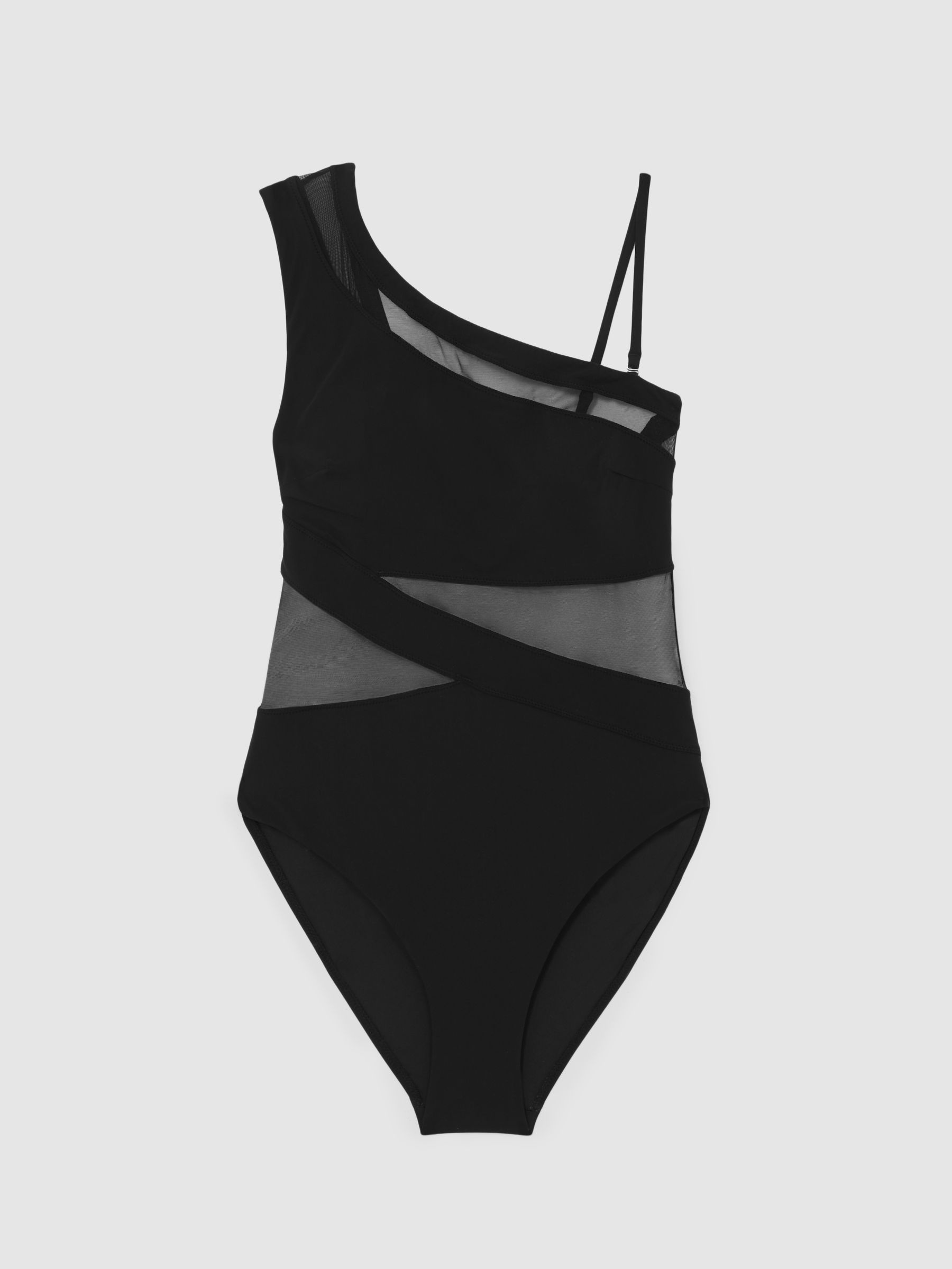 One Shoulder Mesh Panel Swimsuit in Black