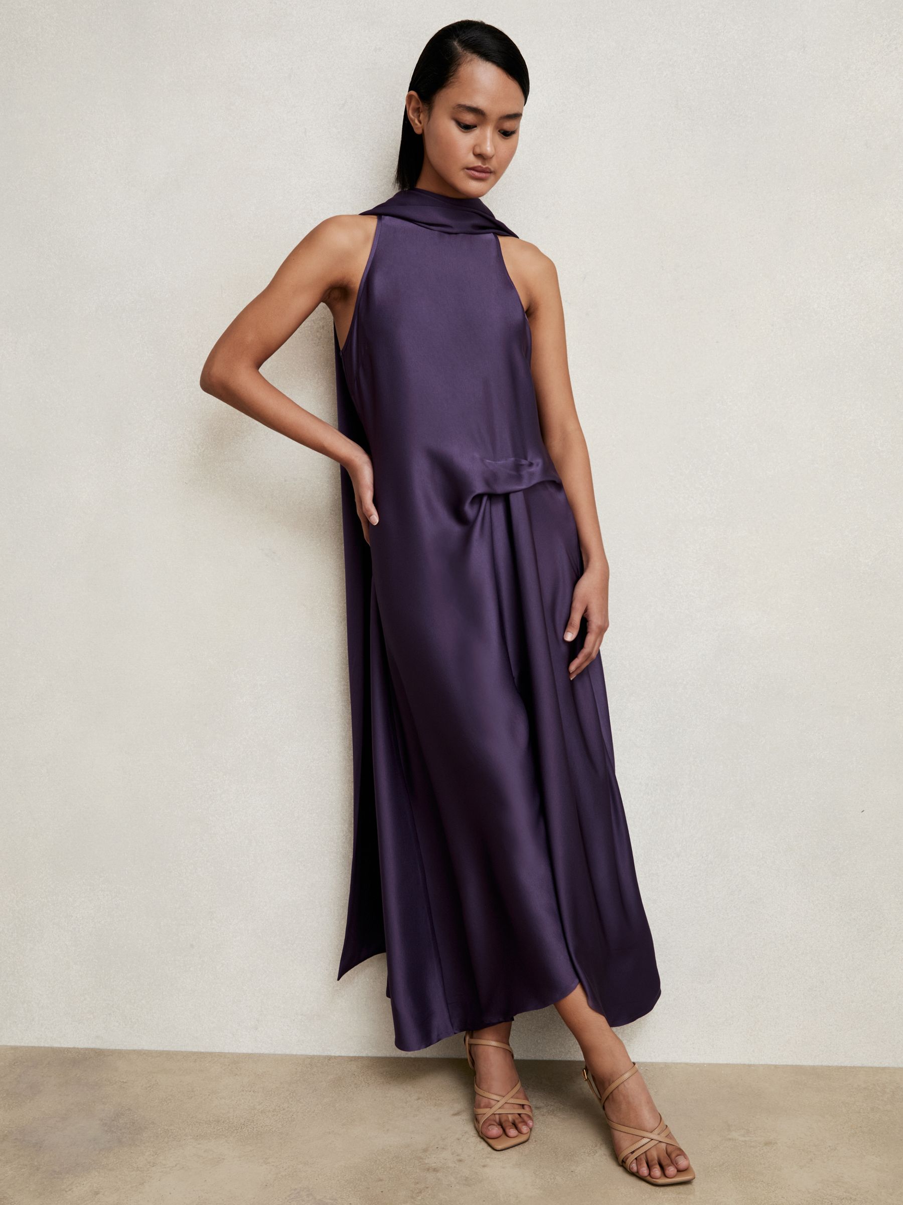 Petite Satin Tuck-Detail Cape Midi Dress in Purple