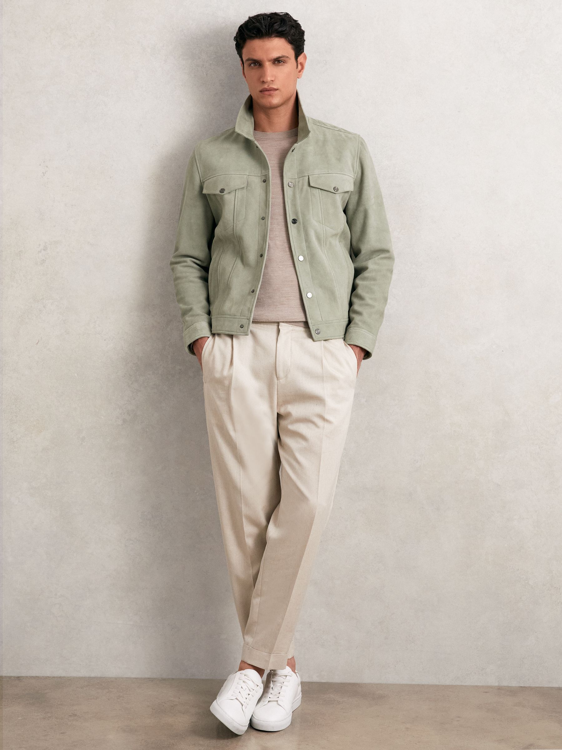 Suede Press Stud Trucker Jacket in Pistachio Green