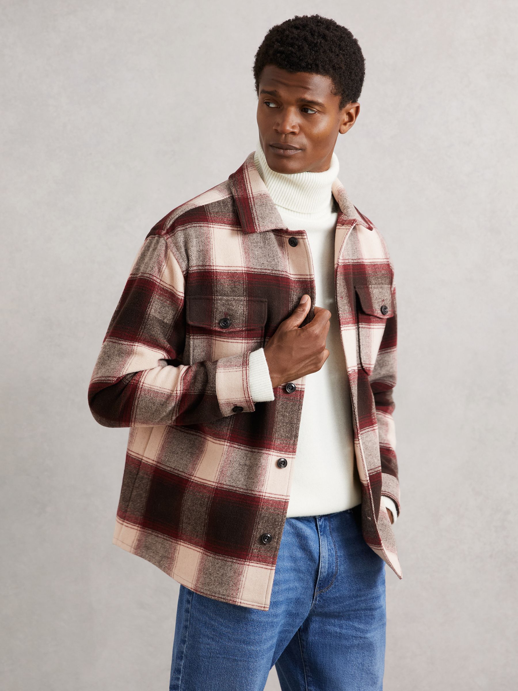 Wool-Blend Check Overshirt in Bordeaux