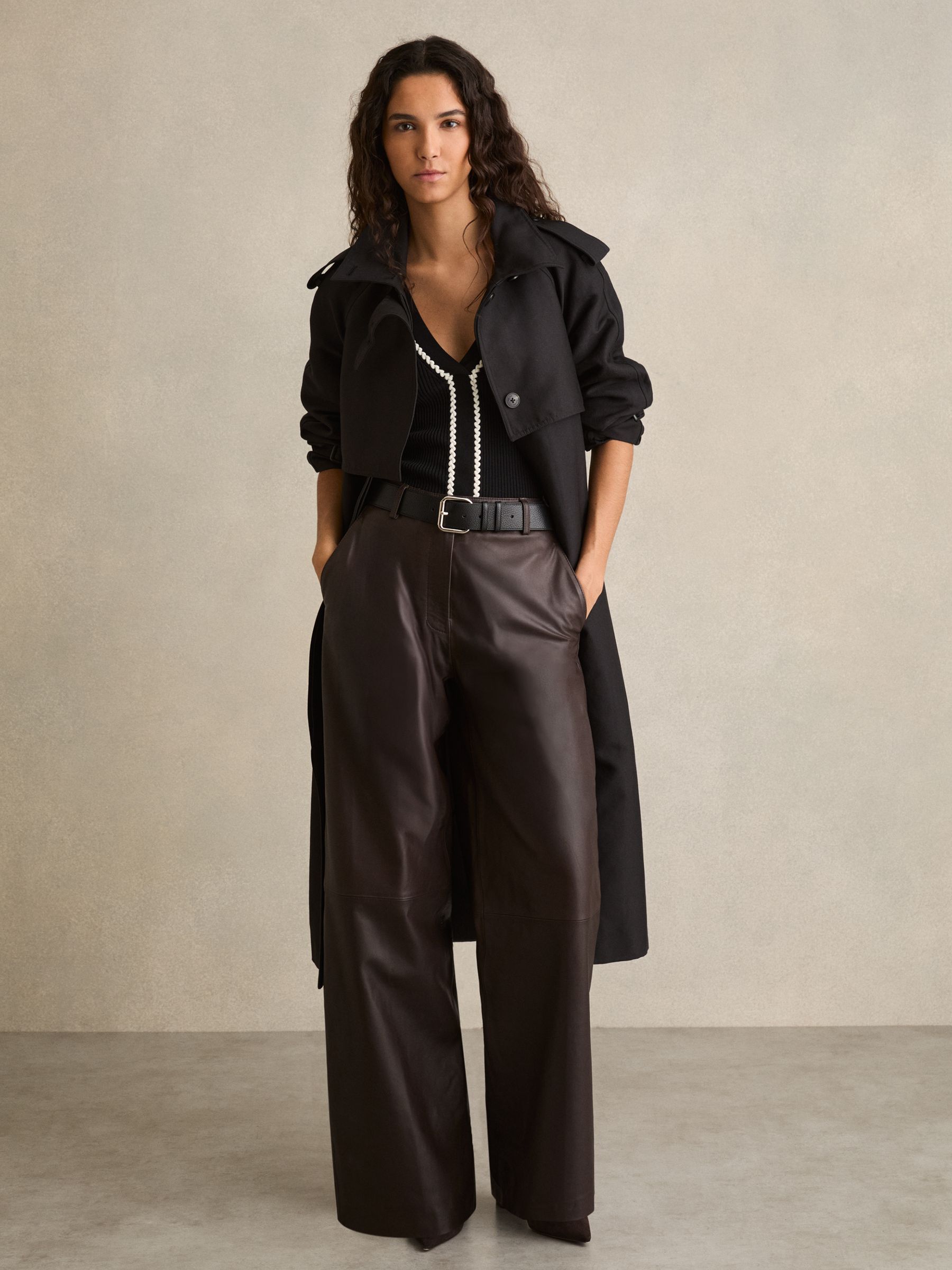 Leather Wide Leg Trousers in Chocolate