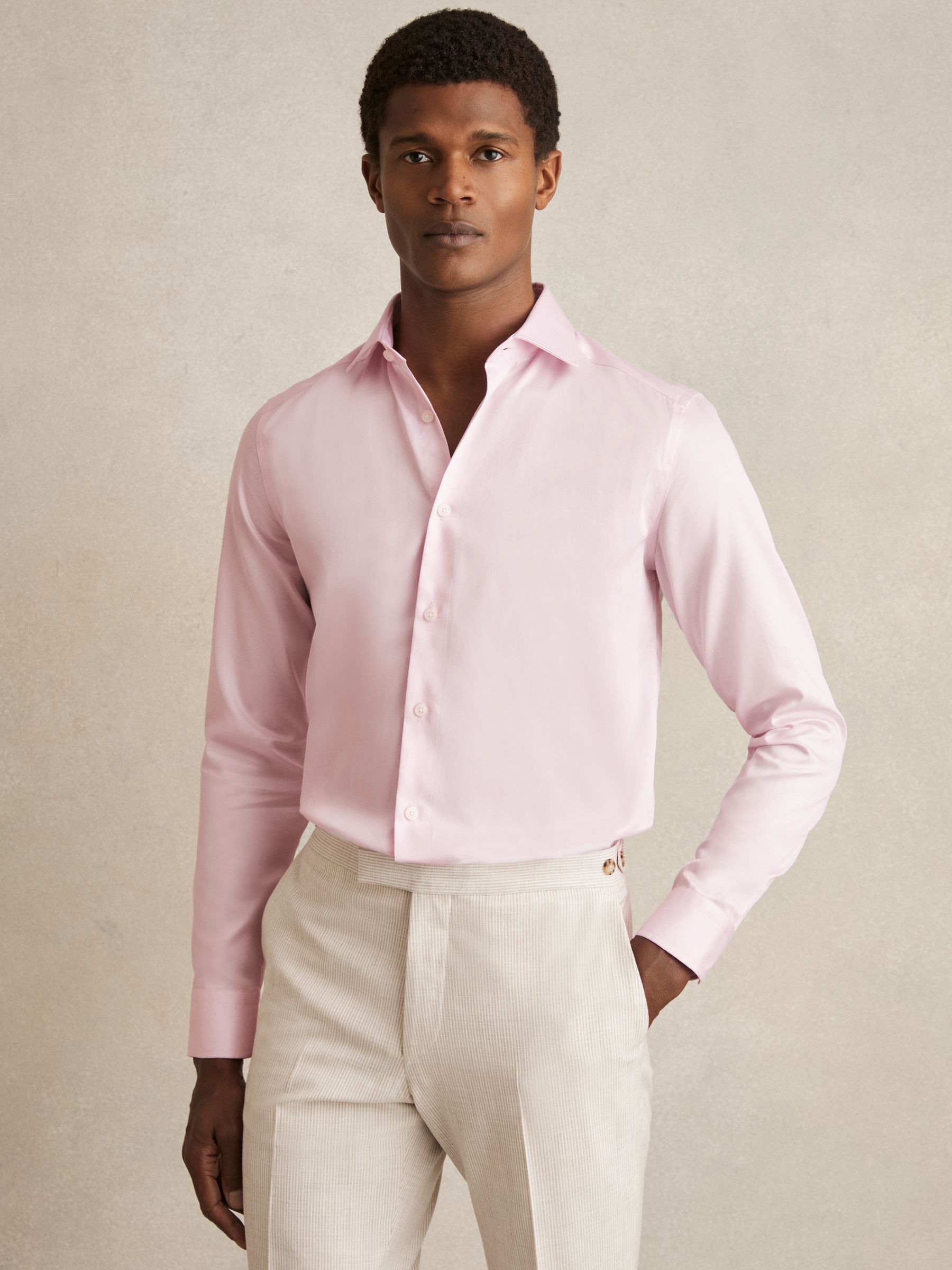 Slim Fit Cotton-Satin Regular-Fit Stripe Shirt in Pink