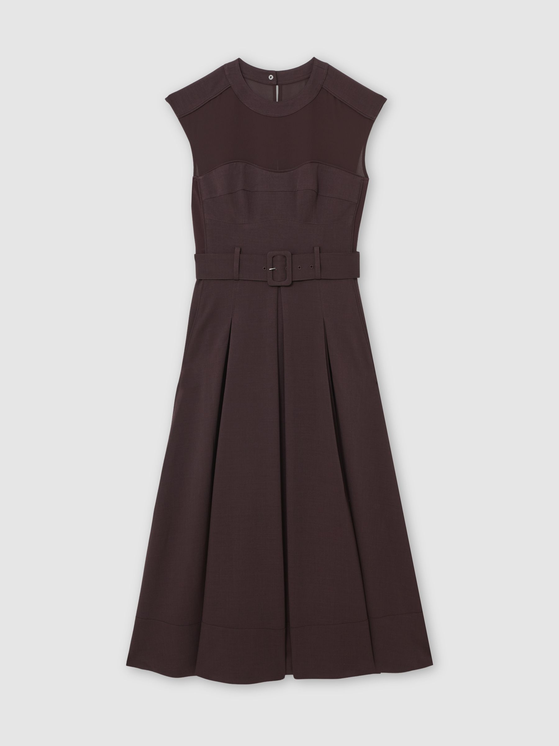 Mesh-Panel Belted Pleated Midi Dress in Burgundy