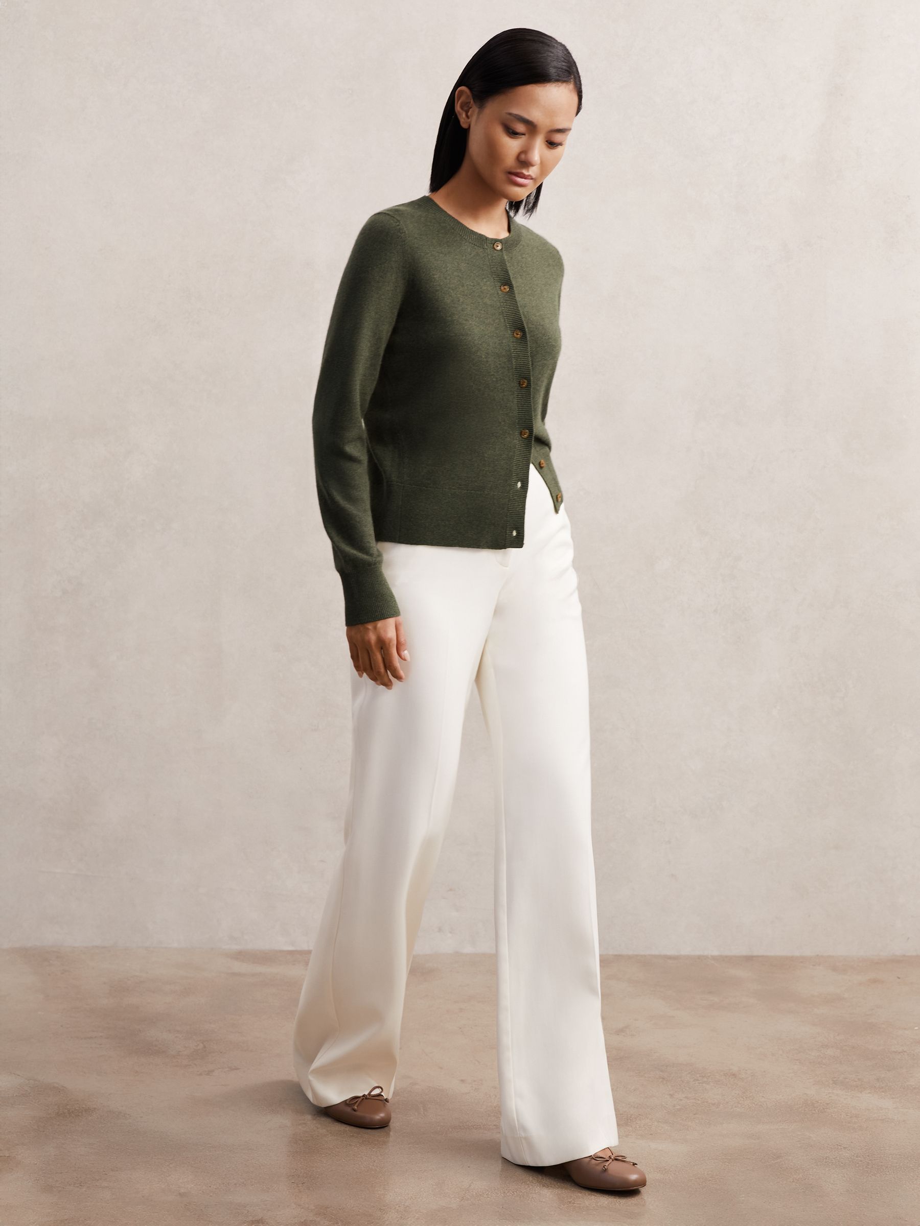 Wool-Blend Crew-Neck Cardigan With Cashmere in Green