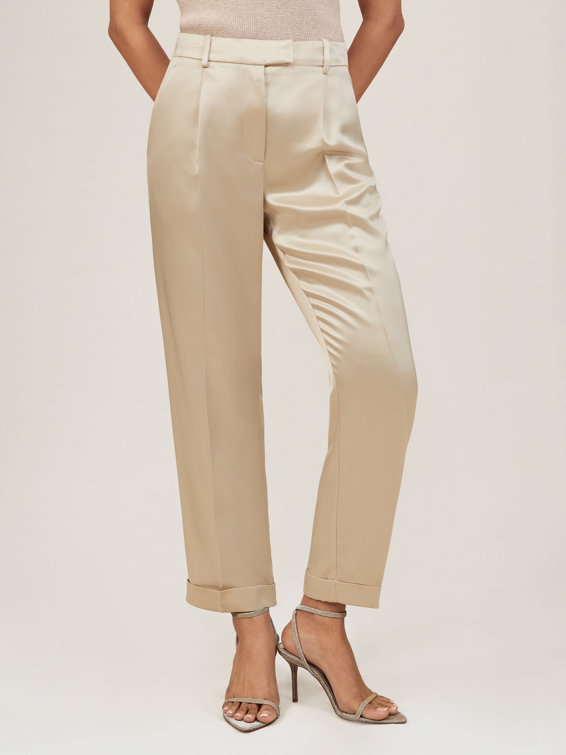 Petite Satin Tapered Trousers in Neutral