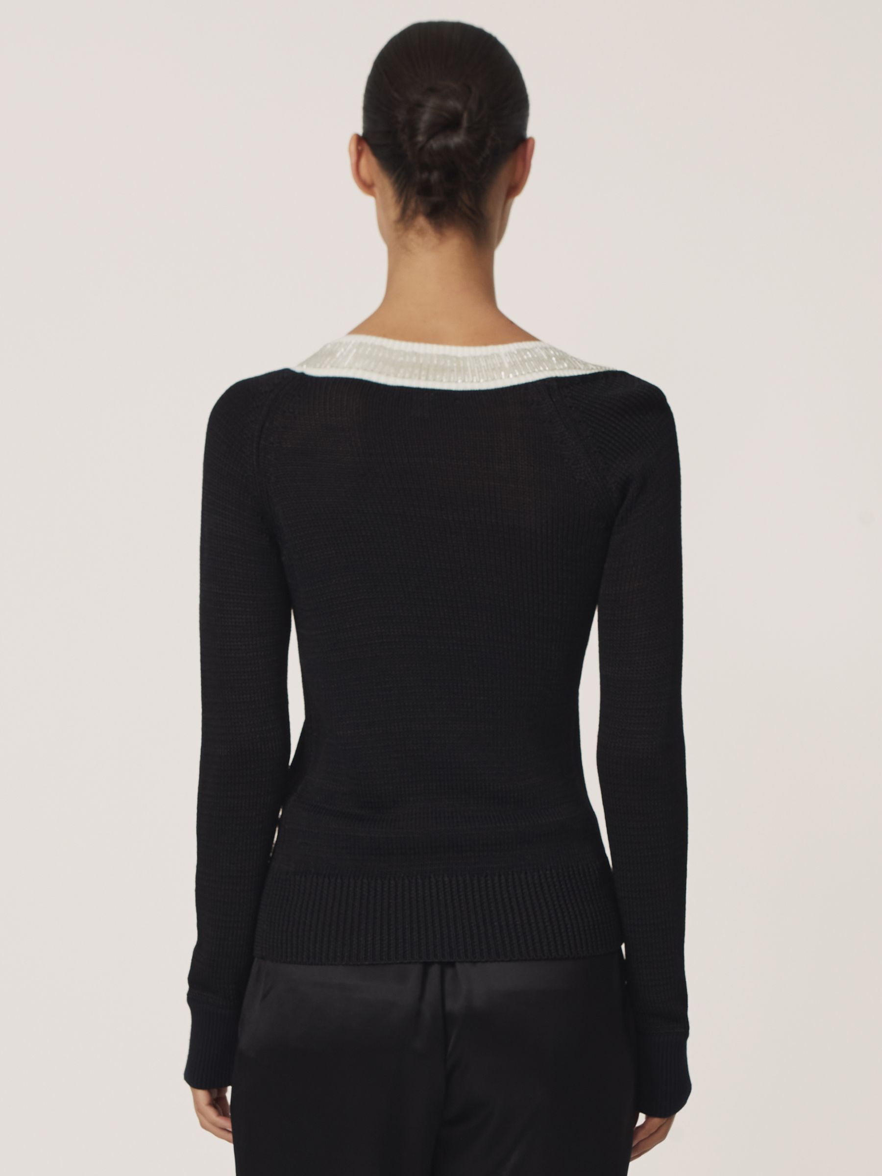 Bead-Detail Asymmetric Knit Jumper in Black/White