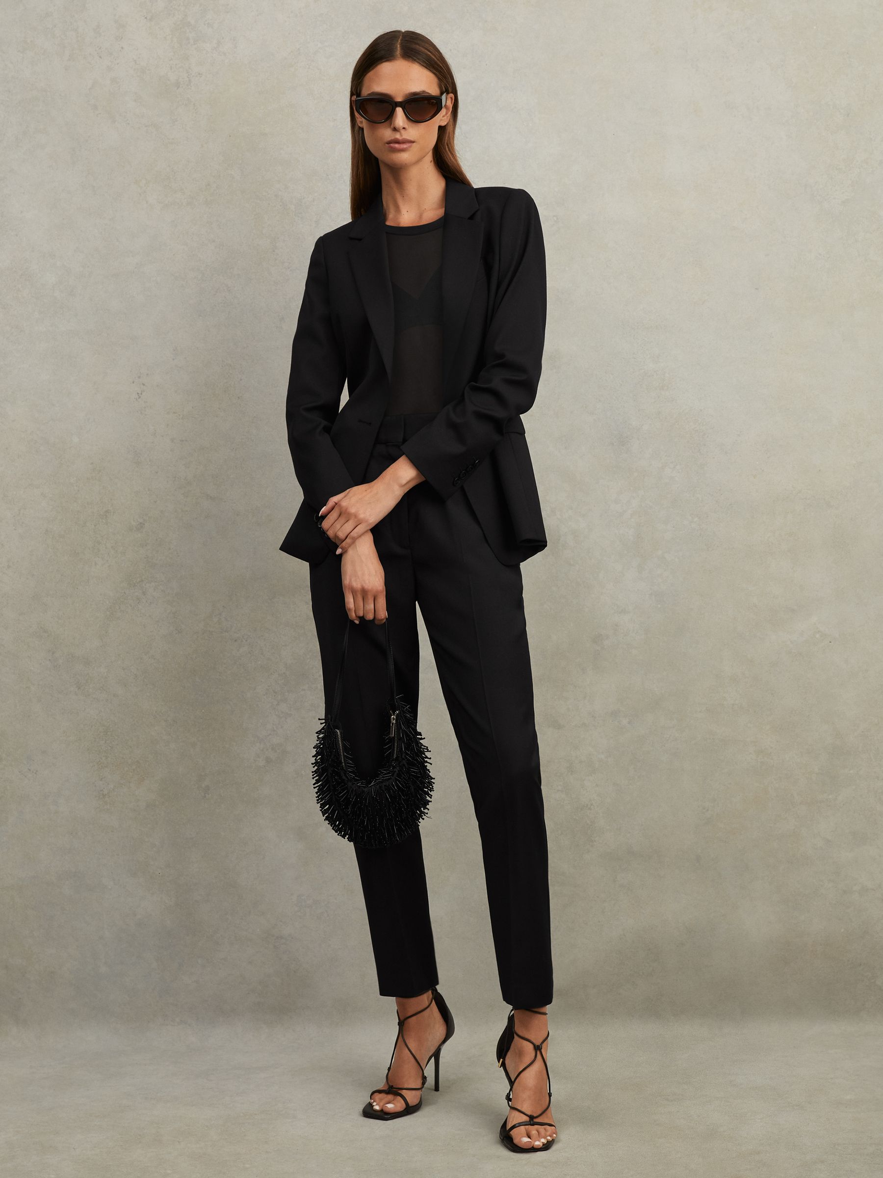 Wool Blend Tapered Suit Trousers in Black